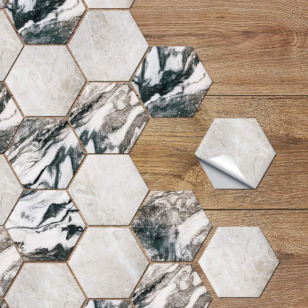 Vinyl Tiles Floor Sticker, Anti-Slip Waterproof Hexagon Kitchen Bathroom Balcony Floor Tiles Decals, Peel and Stick Self-Adhesive Wall Sticker, 7.87" X 9.05" X 10 Pcs Set, Brown Marble Effect — image 1