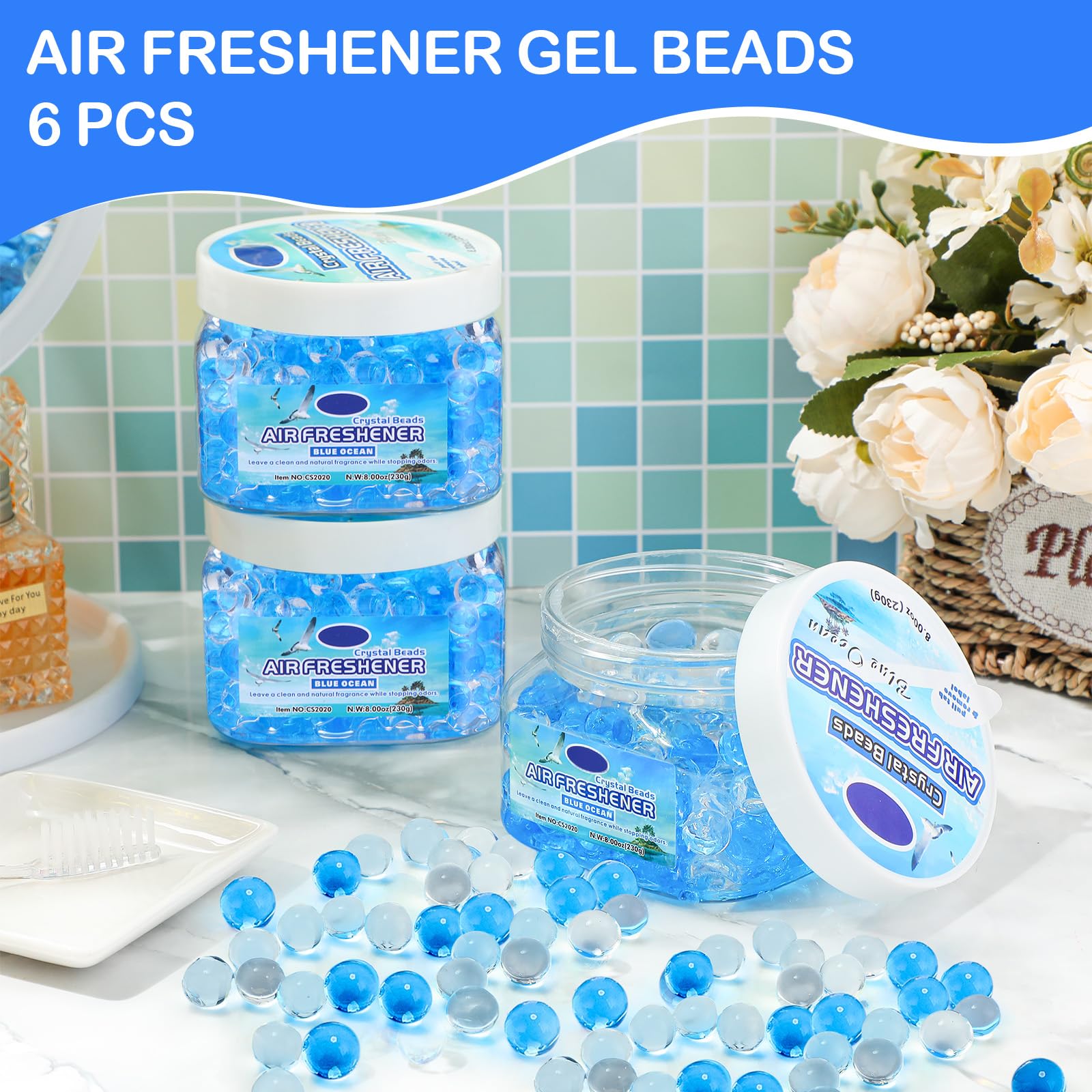 6 perlas de gel ambientador a granel, eliminadoras de olores, gel para eliminar olores para el hogar, baños, autos, barcos, caravanas, áreas de mascotas, habitación, inodoro, 8 onzas (océano