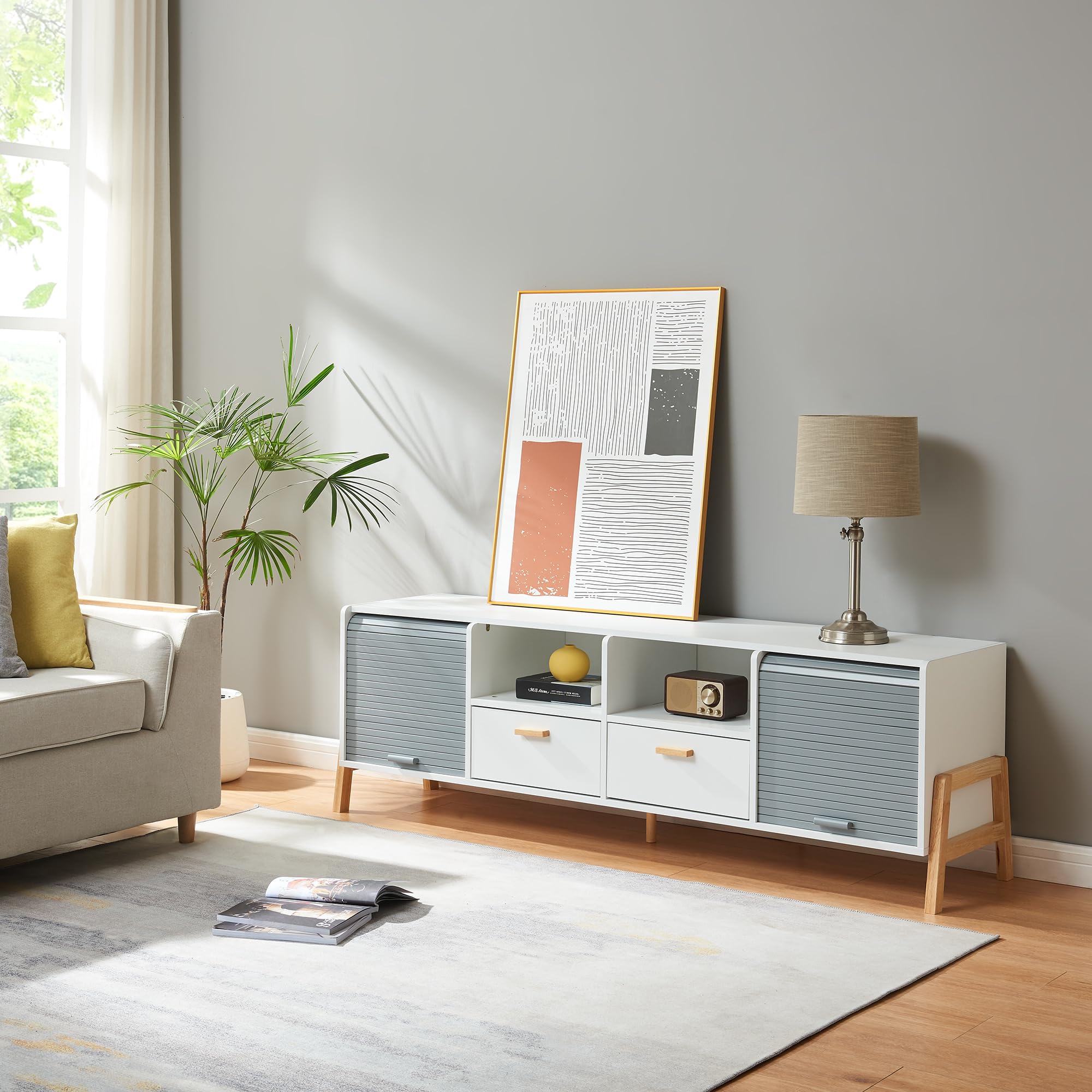[en.casa] TV Schrank Kvaefjord Lowboard mit 2 Schubladen und 2 Jalousietüren Fernsehschrank 160 x 40 x 52 cm TV Board Fernsehtisch Weiß/Grau