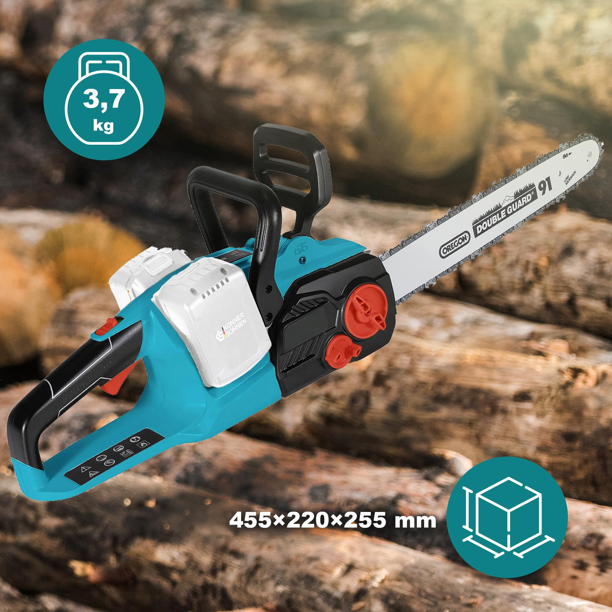Motosierra de batería KS CS40V-14, voltaje nominal 40 (20+20) V, velocidad de funcionamiento 8000 rpm, longitud de cadena 14” (35 cm), velocidad de la cadena 15 m/s, tensado de la cadena sin herramien