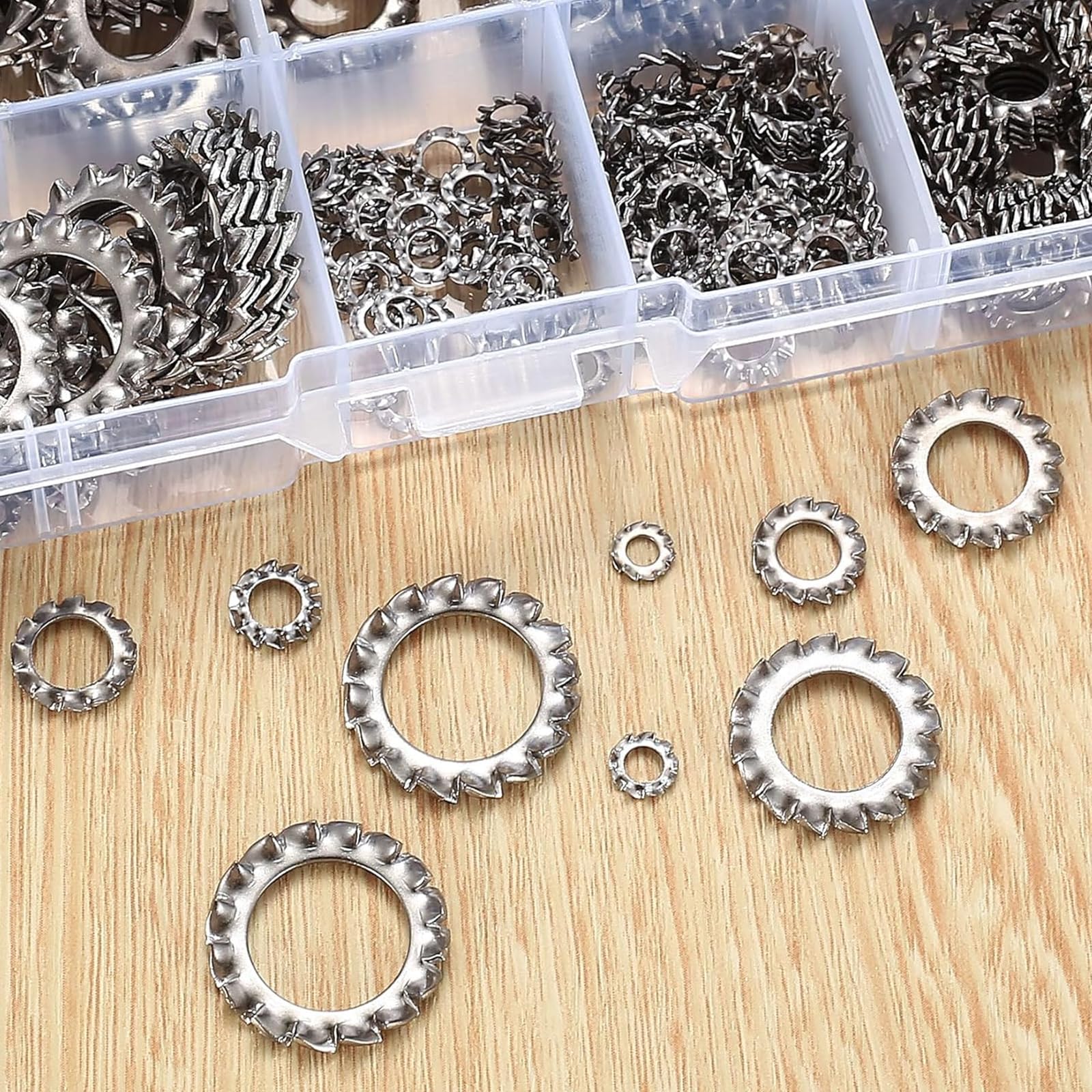 555 Pezzi Rondelle di Sicurezza Dentate Esterne in Acciaio Inox 304 – Rondelle Anti-Vibrazione, Bloccaggio Denti a Stella Assortimento Kit Assortito 8 Misure per Fai Te, Automotive ed Edilizia