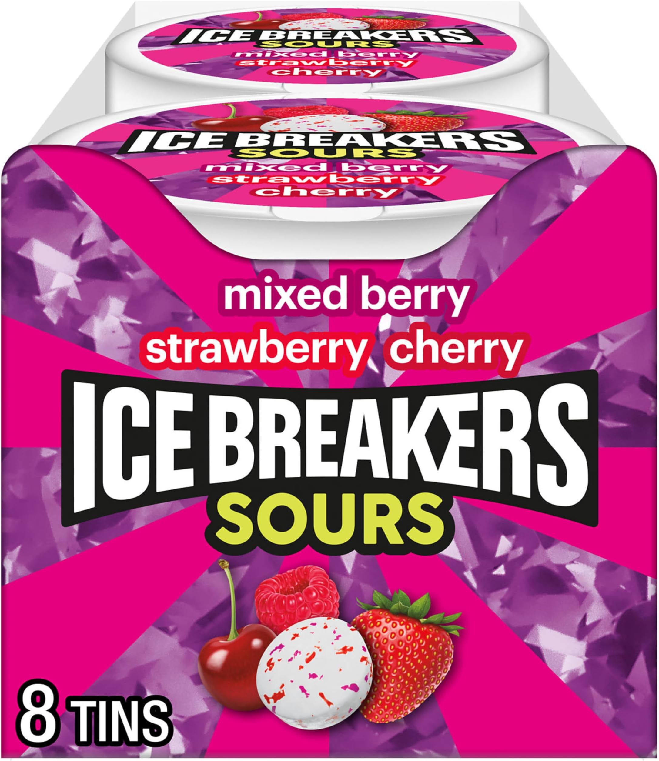 ICE BREAKERS Sours Mints, (Mixed Berry, Strawberry, Cherry), Sugar Free, 1.5 Ounce Container (Count of 8)