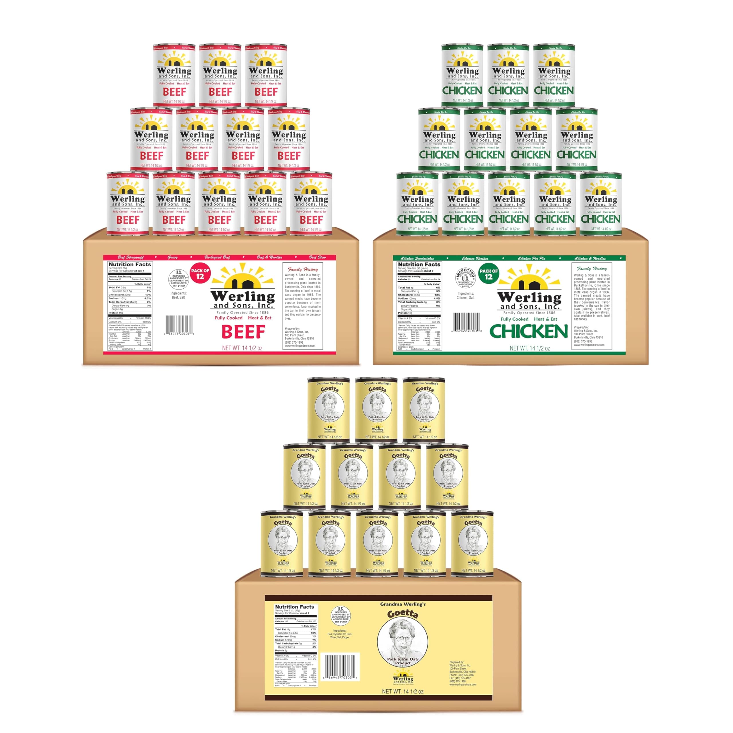 Werling Canned Meat Variety Bundle, Beef, Chicken and Goetta, Fully Cooked Heat and Eat, Shelf Stable Canned Meat for Pantry and Camping, 14.5 Oz Cans, Pack of 12 Each