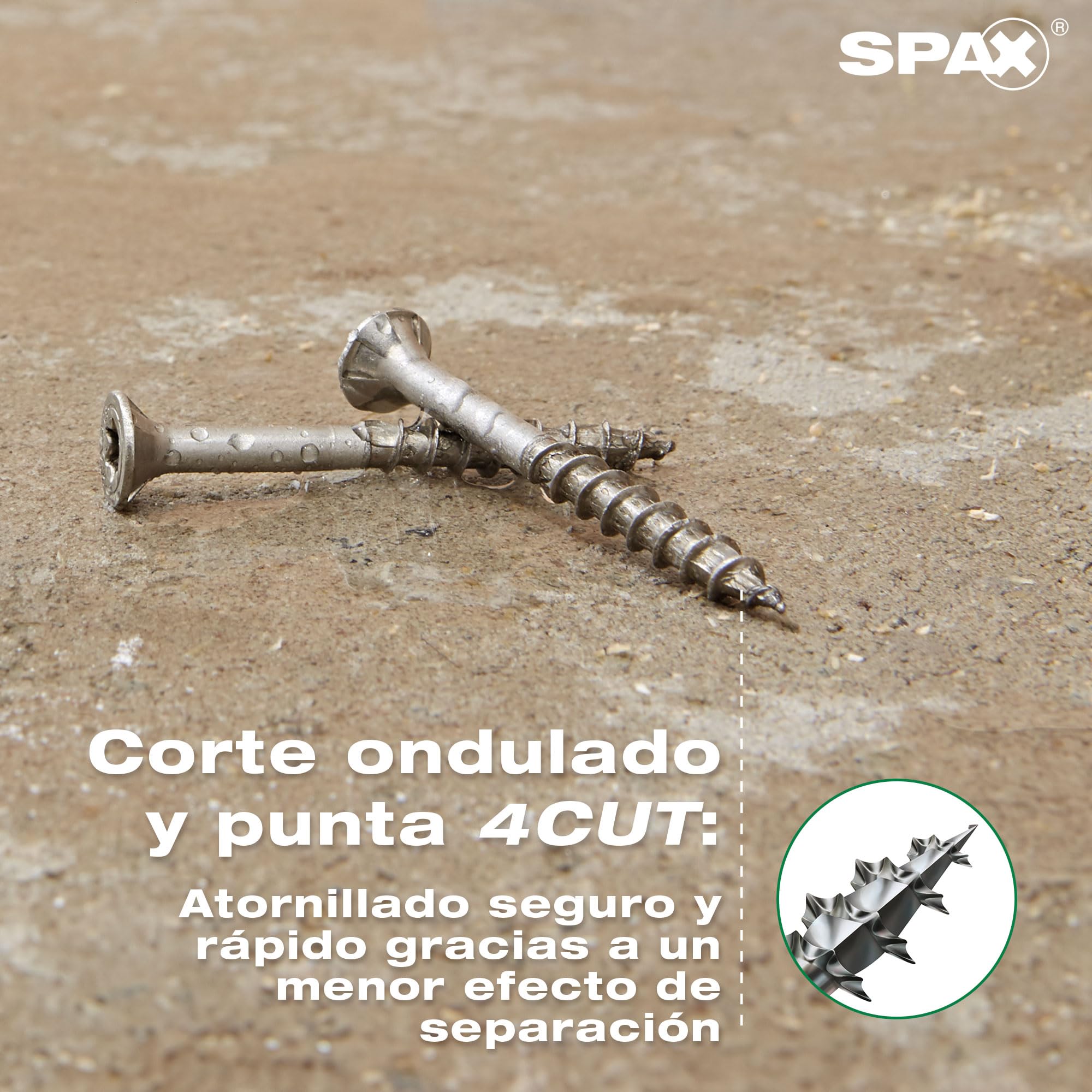 SPAX Tornillo de Acero Inoxidable A2 6 x 100 mm T30, 90 pzas. | Cabeza avellanada MULTI con rosca parcial, punta 4CUT y perfil ondulado para madera en exterior y jardín.