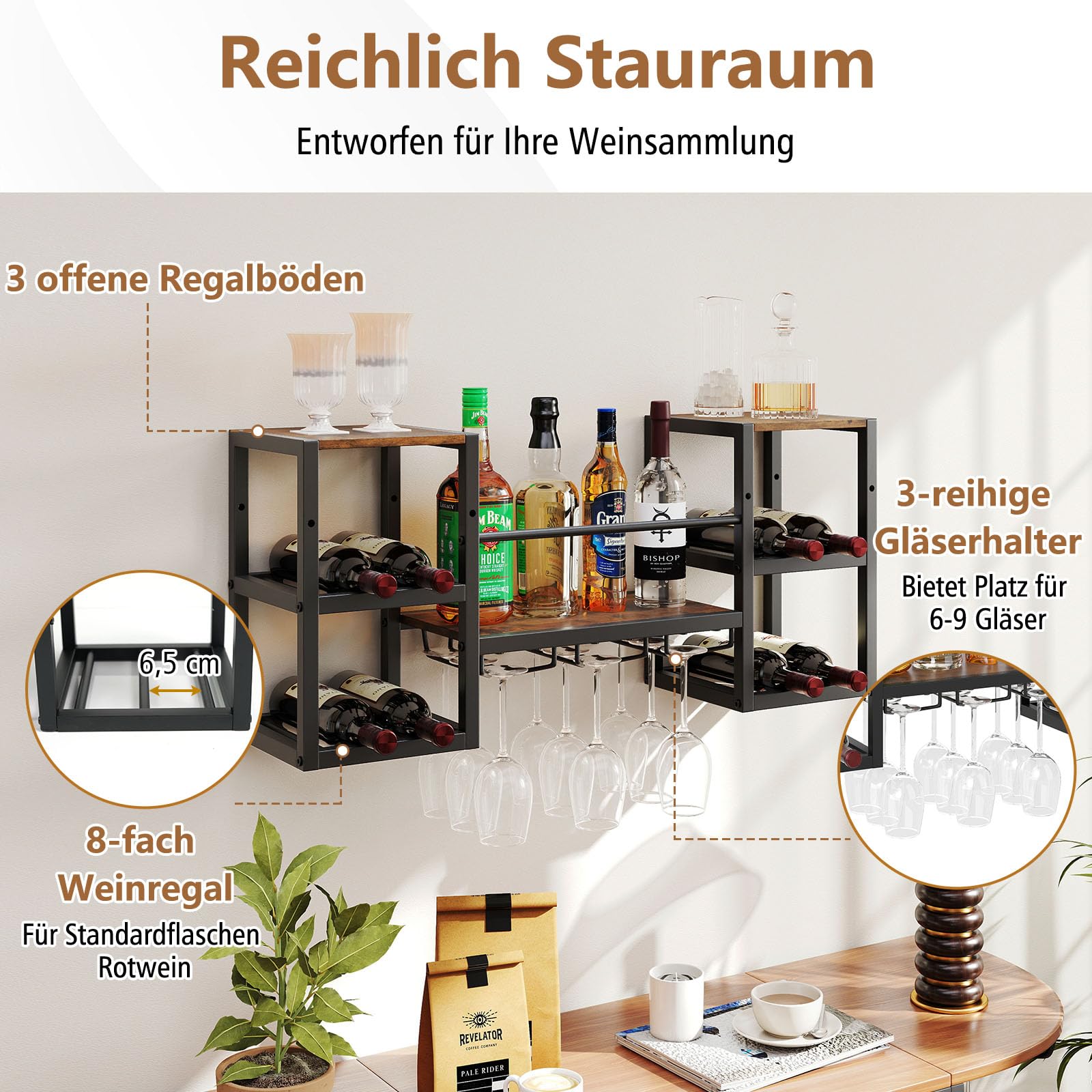 COSTWAY Regał ścienny na wino, regał na 8 butelek i 9 kieliszków do wina, regał ścienny, drewniany z metalową ramą, industrialny design, idealny do domu, baru, kuchni i restauracji