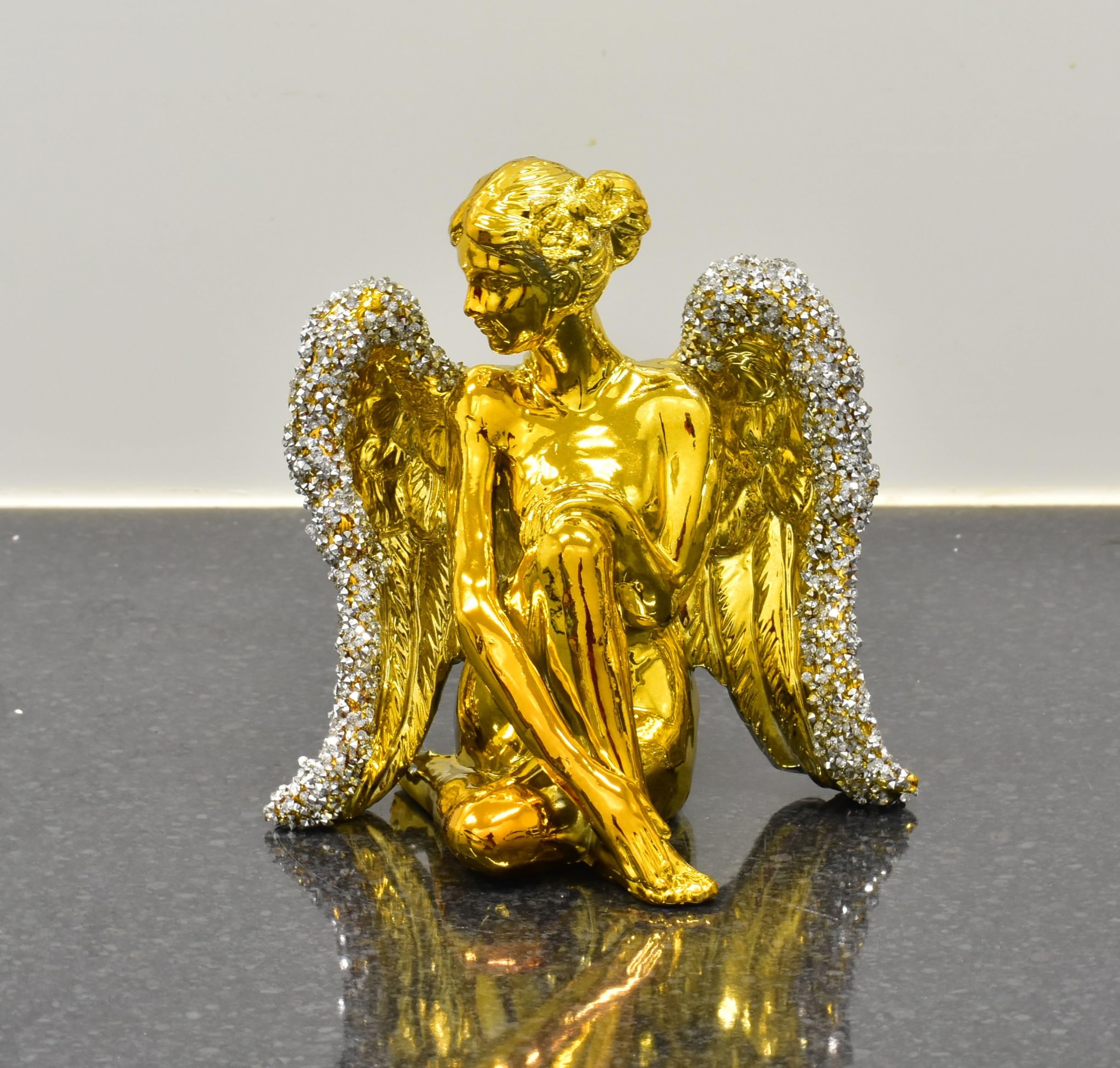 DEENZ Sitting Angel With Wide Wings Crushed Ornament Sparkle Diamond For Gift Beautiful Decorative (Gold)