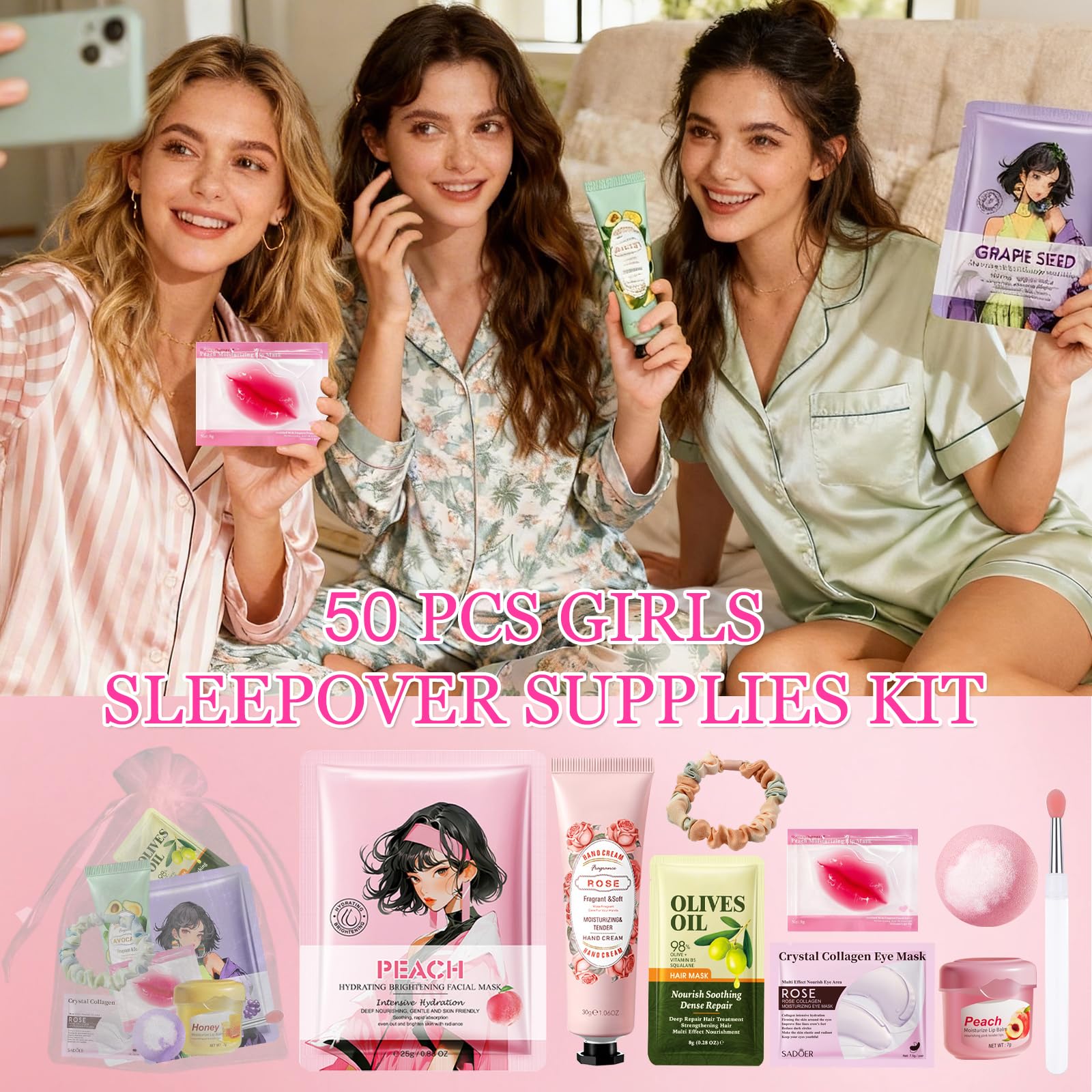 Set Spa Mujer 50 Piezas, Kit Skincare para Regalo Mujer y Niñas con Mascarillas Faciales, Parches Oculares, Crema Manos, Bálsamo Labial, Mascarilla Labios, Bombas Baño y Bolsas Regalo