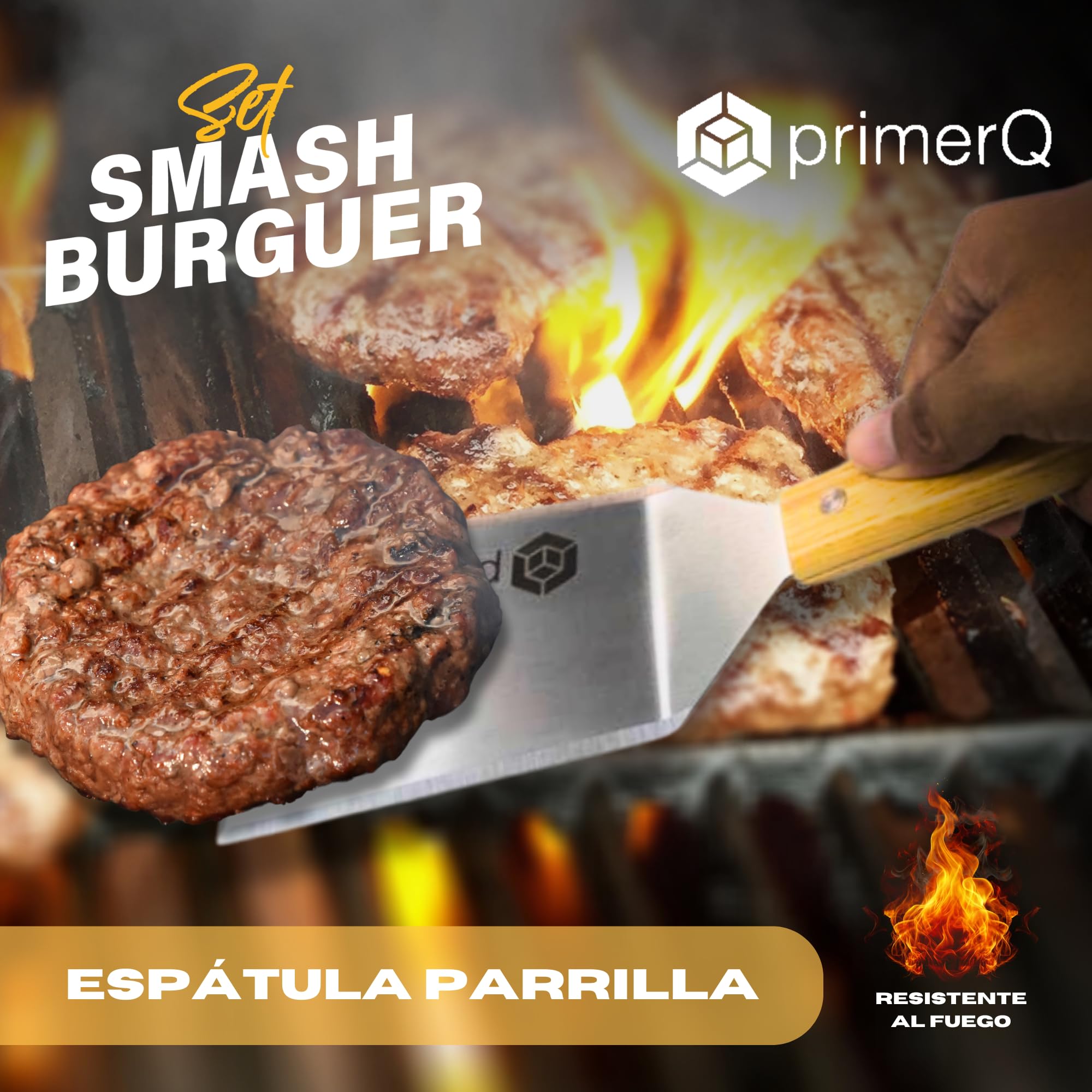 Smash Burger Set XL Profesional - Kit 5 Piezas utensilios de Acero Inoxidable + 50 Papeles Antiadherente - Certificado EU alimenticio - Prensa Hamburguesa - Smasher Premium -mazos carne