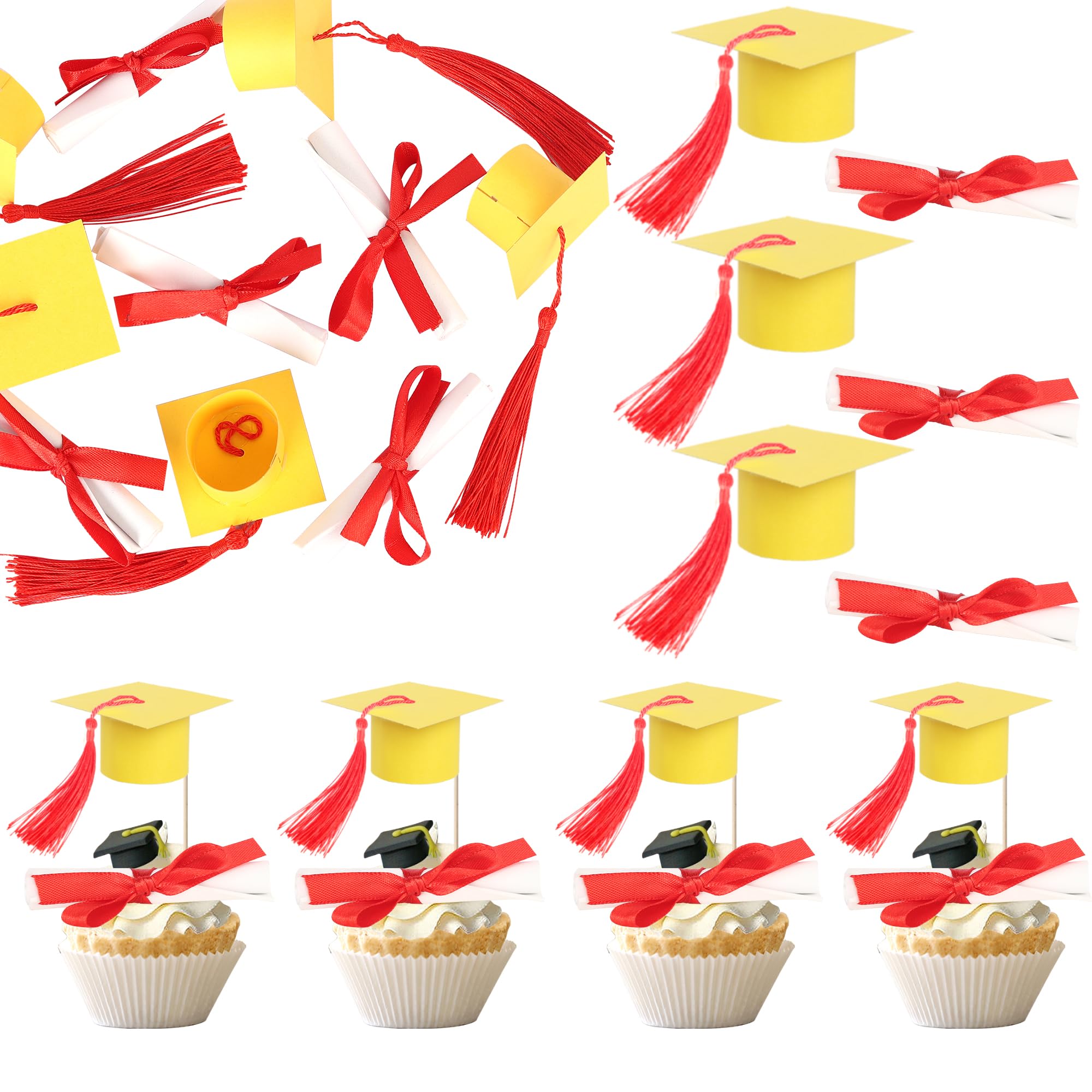 Xsstarmi 24 Pack Congrats Grad Cupcake Toppers Diploma Done Grad Cap Cupcake Picks Class of 2026 Graduation Cupcake Decorations for Prom 2026 Graduation Theme Party Cake Decorations Gold Red