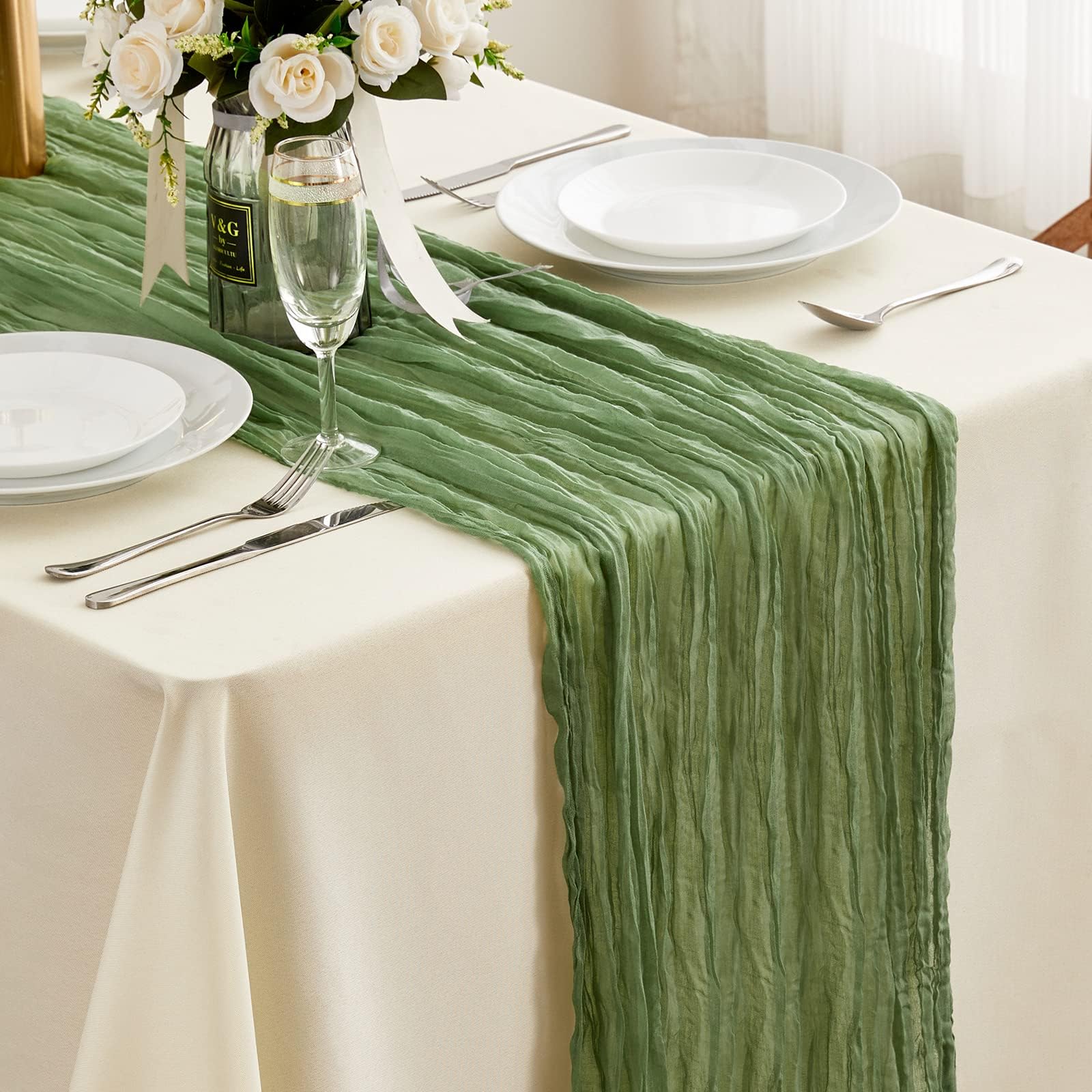 Sage Green Cheesecloth Table Runner - 13.3Ft Boho Gauze Cheese Cloth Table Runner 35x160 Inch Long Romantic Sheer TableRunner for Wedding Bridal Baby Shower Birthday Party Tables Decoration