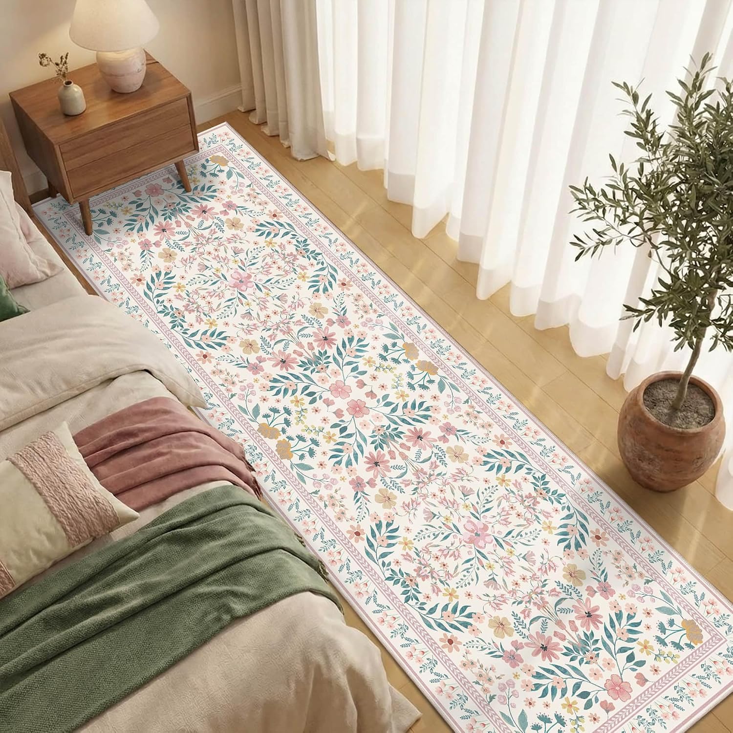 Rugxara 2'6" x 8' Floral Runner Rug, Washable Runners for Hallways, Pink Vintage Boho Kitchen Rugs, Non Slip Hallway Runner Carpet for Indoor Hallway, Kitchen, Laundry Room and Bathroom