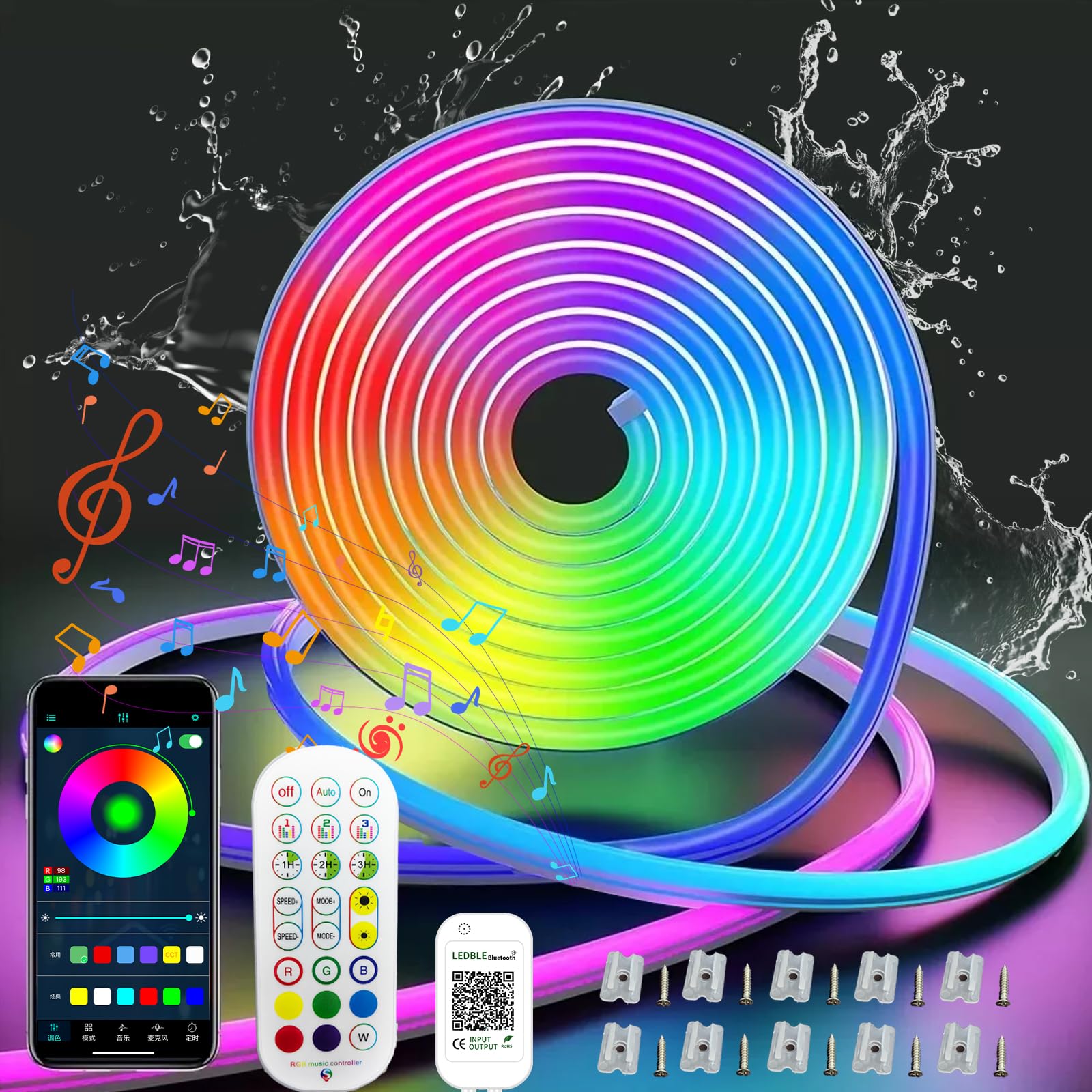 Tira Led Neón 15M, RGB Luces led Neon con Control de APP y Remoto | LED Neón Flexible Strip con 1080 Leds, Sincronización de Música, Tira LED Neon para Fiesta de Cumpleaños, Navidad
