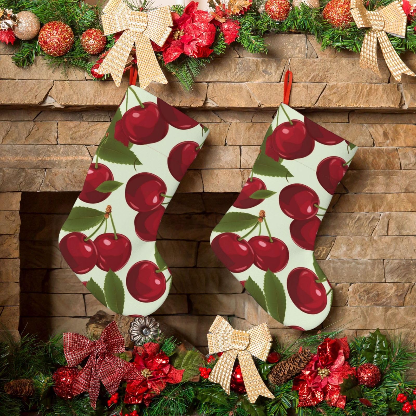 KLOPH Christmas Stockings 18" Personalized Xmas Stocking Cherry Fruit Decoration Stocking Hanging Fireplace Stocking for Holiday Xmas Tree Christmas Fireplace Decor