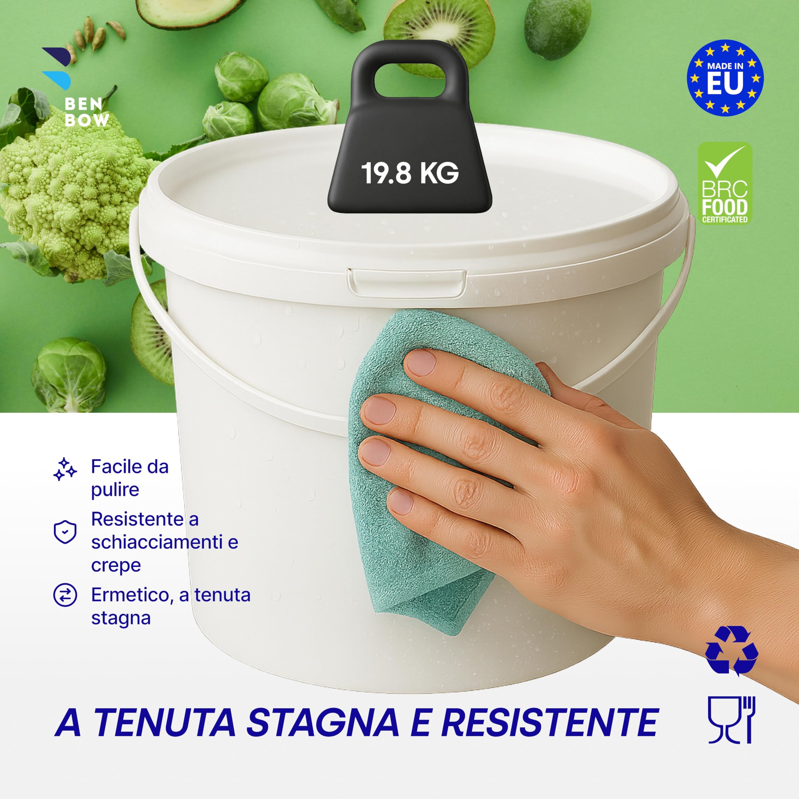 BenBow Secchio con coperchio 5l bianco 10x 5 litri sicuro per gli alimenti, stabile, ermetico, a prova di perdite, inodore - contenitore di plastica, con manico - vuoto