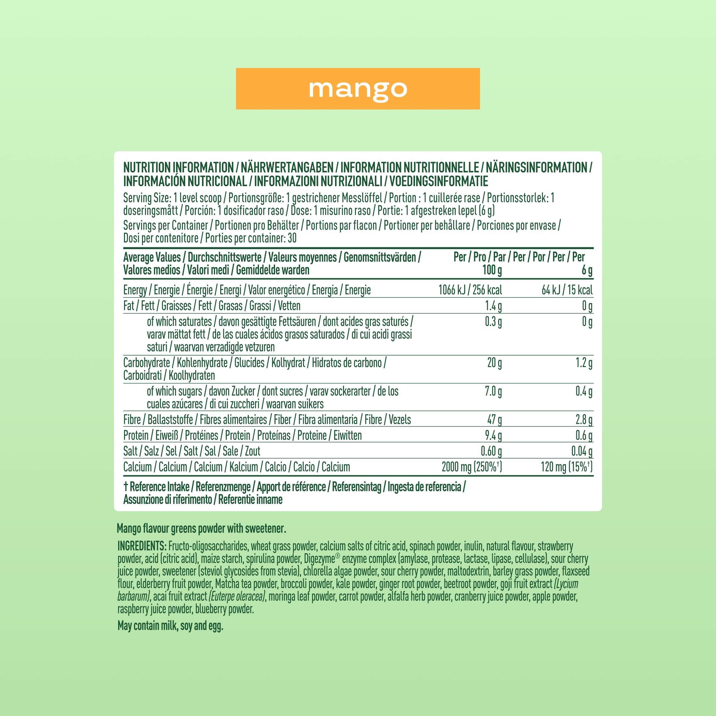 Bloom Super Greens Pulver Mango (30 Portionen) mit Probiotika, Verdauungsenzymen, Spirulina & Chlorella, zuckerfrei