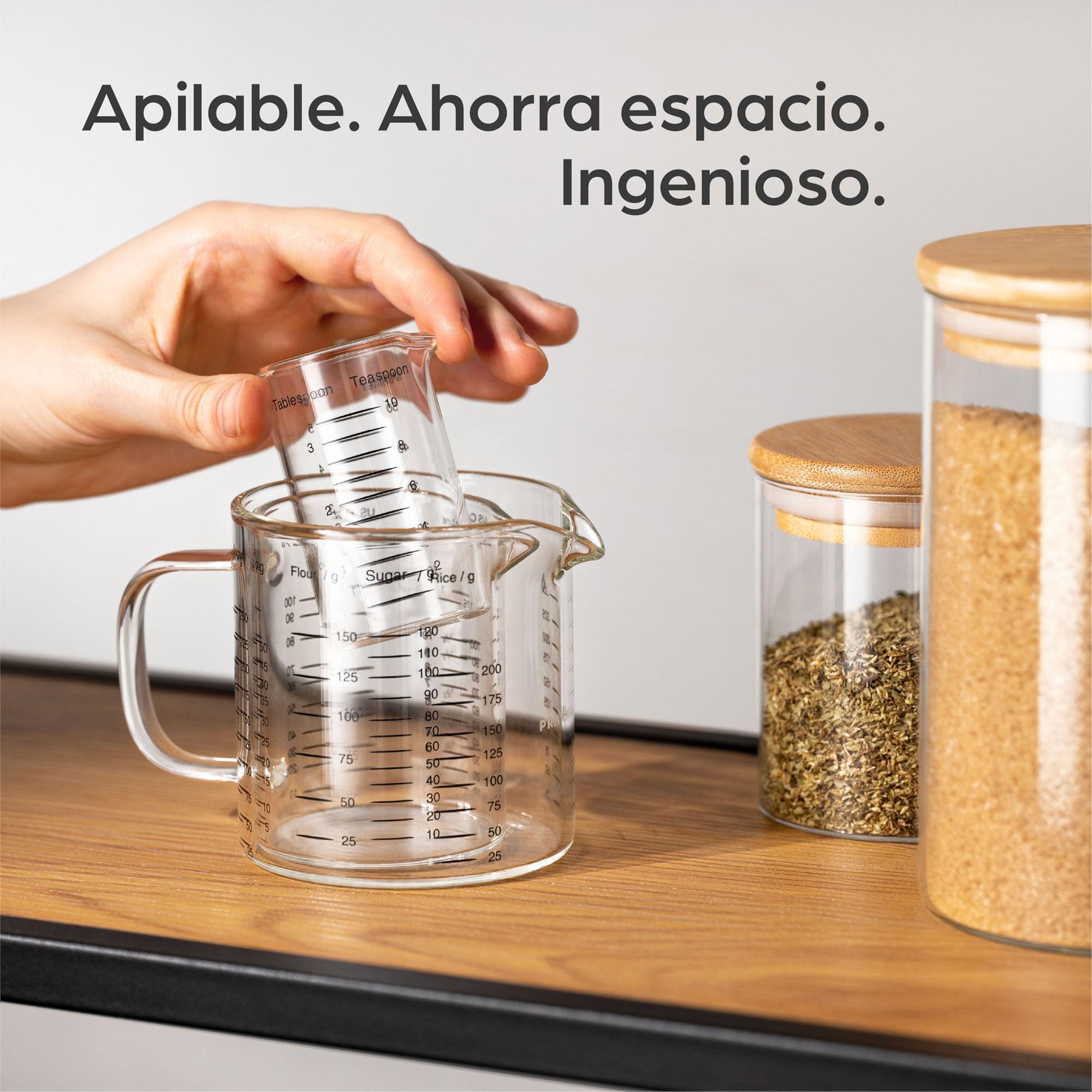 Jarra Medidora de Cristal - 50ml, 125ml, 250ml - Escala Precisa - Apilable - Resistente al Calor y al Microondas