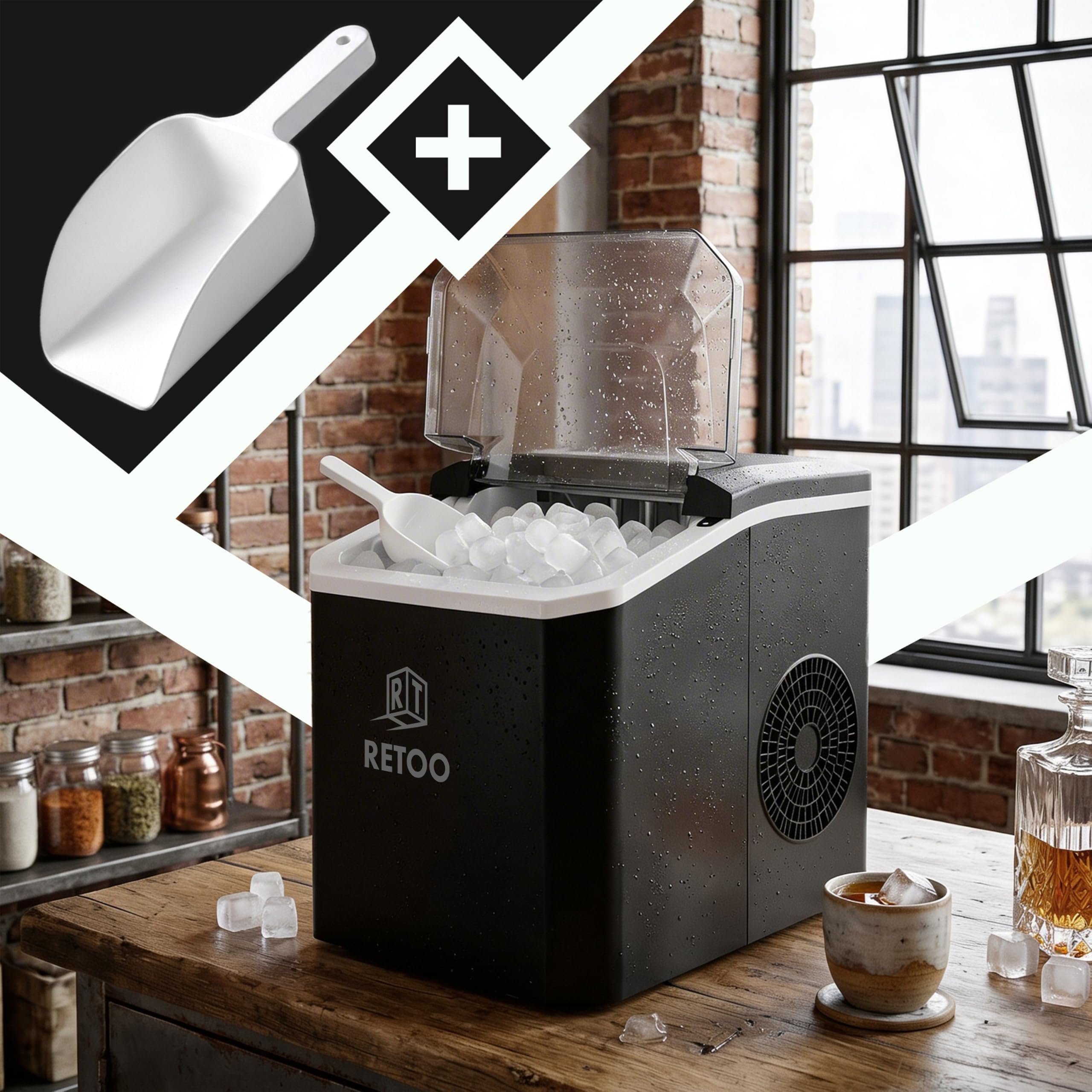 Retoo Eiswürfelmaschine 12 kg/24h, 9 Eiswürfel/6–12 Min | Selbstreinigung, 1,5 l , 2 Eisgrößen, Display, Wasserstandsanzeige, 0,7 kg Eisbehälter, 120 W