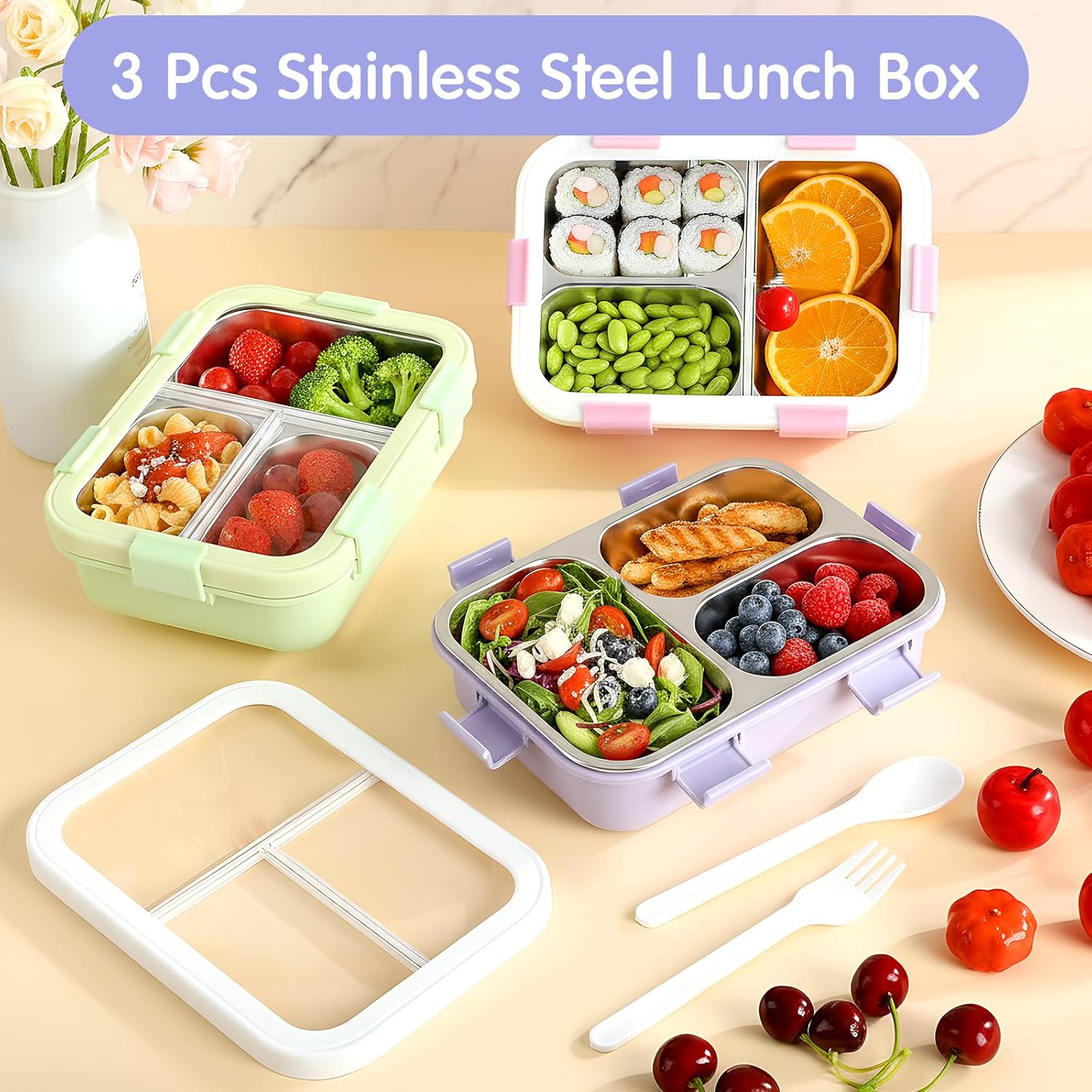 LemonRoad 3 Pcs Stainless Steel Lunch Box Bento Box with Spoon and Fork Tiffin Boxes Metal Lunch Container for Adults Bulk Leakproof Food Storage with 3 Compartments for Office Travel Outdoor (Pastel)