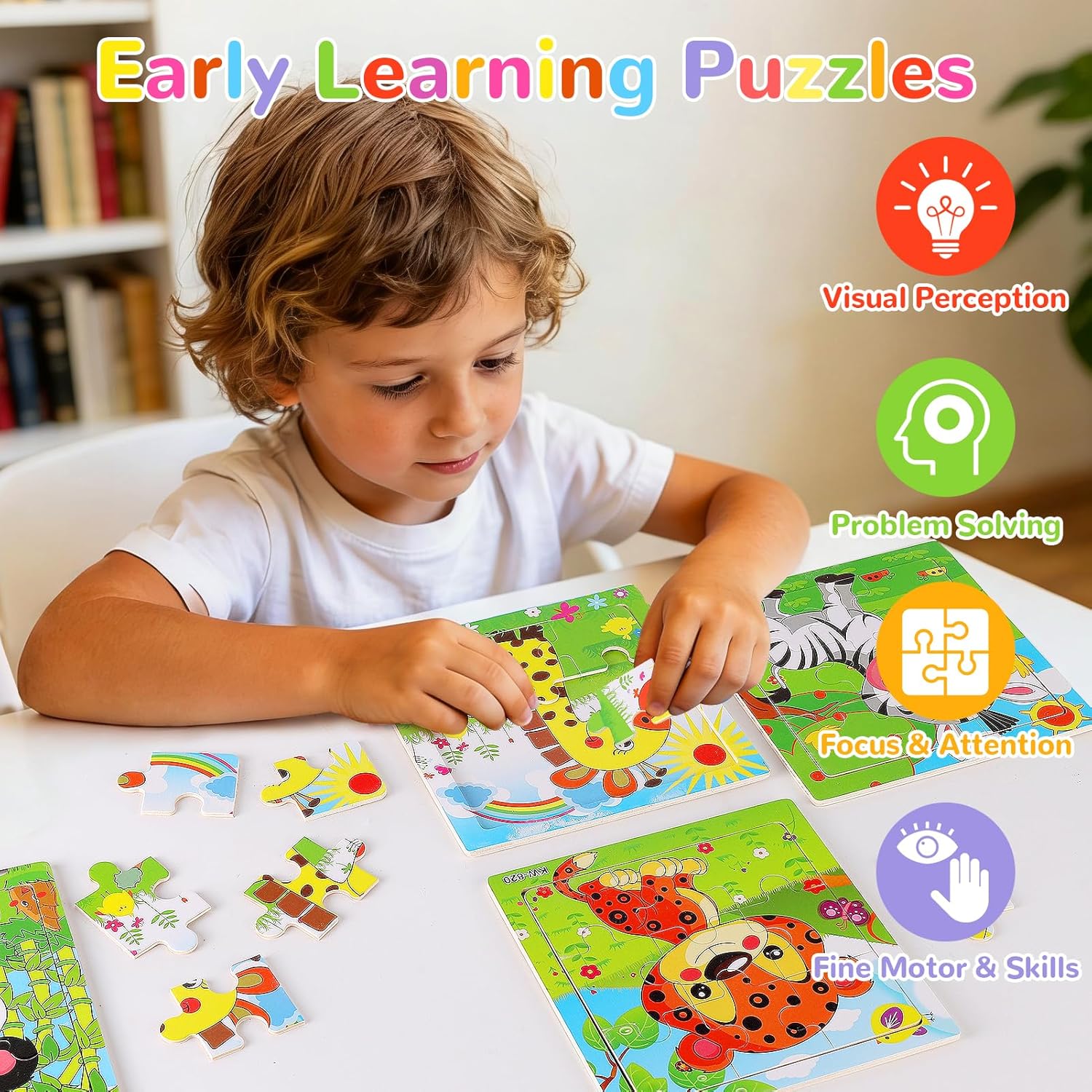 NASHRIO Wooden Puzzles for Toddlers Age 3-5, 8 Pack Animal and Dinosaur Jigsaw Puzzles, Preschool Educational Toys, Wooden Puzzle Set for Boys Girls Kids Age 3 4 5