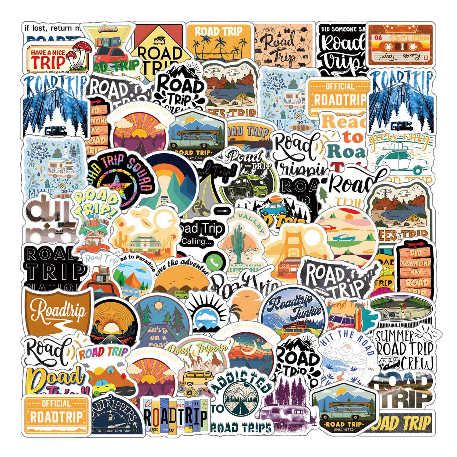 61Pcs Road Trip Stickers Pack,Cartoon Aesthetic Vinyl Waterproof Sticker Decals for Water Bottle,Laptop,Phone,Skateboard,Scrapbooking,Bumper Decor for