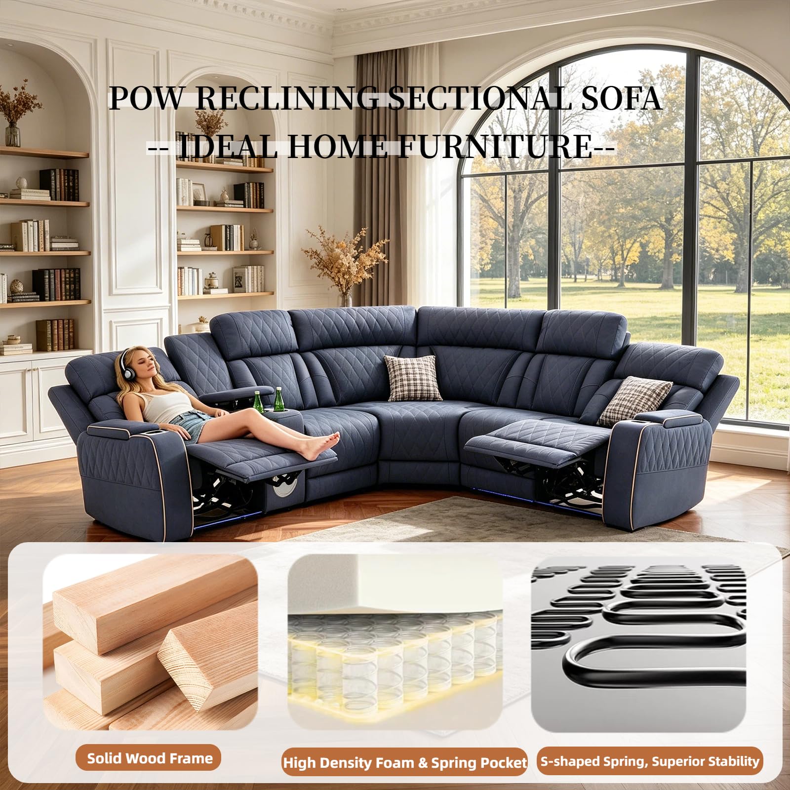 Power Reclining Sectional Sofa Set with Speakers, L-Shaped Sanded Leather Recliner Sectional Couch with USB Ports, Cup Holders & Storage, Luxury Living Room Furniture Set for Home and Office view 6