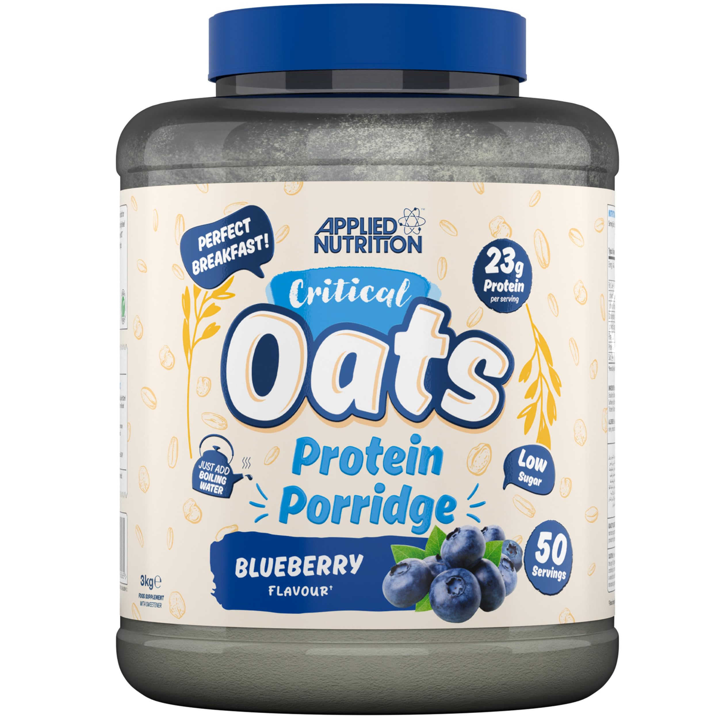 Applied Nutrition Critical Oats - Protein Oats, Porridge with ISO-XP Whey Protein Isolate, Healthy Breakfast and High Protein Snack (3kg - 50 Servings) (Blueberry)