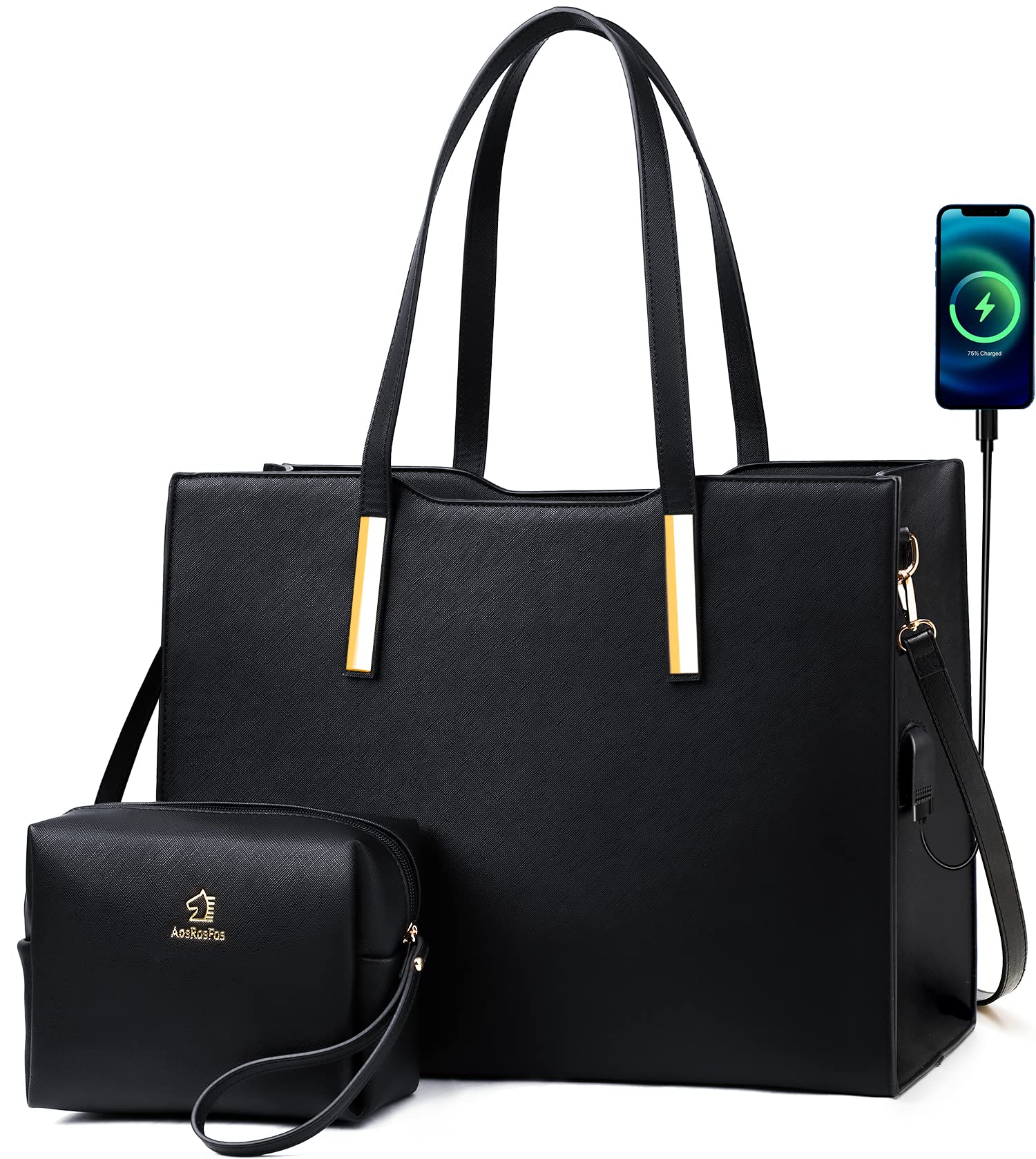 Laptop Bag for Women 15.6 inch Work Briefcase Computer Tote Messenger Purse Large Office Professional Business Bag with Built-in USB Charging Port 2pcs Set Lightweight Cross Grain PU Leather Black