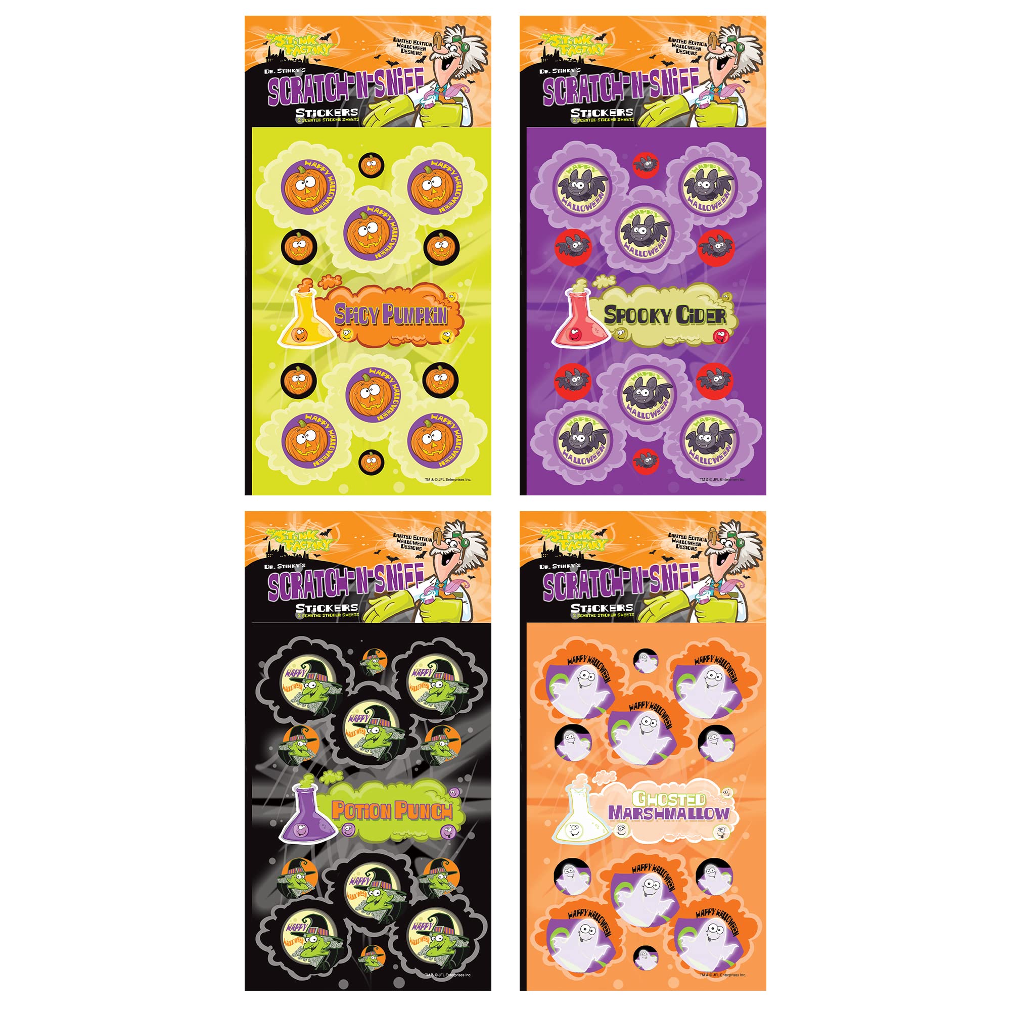 Just For Laughs Dr. Stinky's Scratch N Sniff Stickers Halloween 4-Pack- Spicy Pumpkin, Ghosted Marshmallow, Spooky Cider, Potion Punch