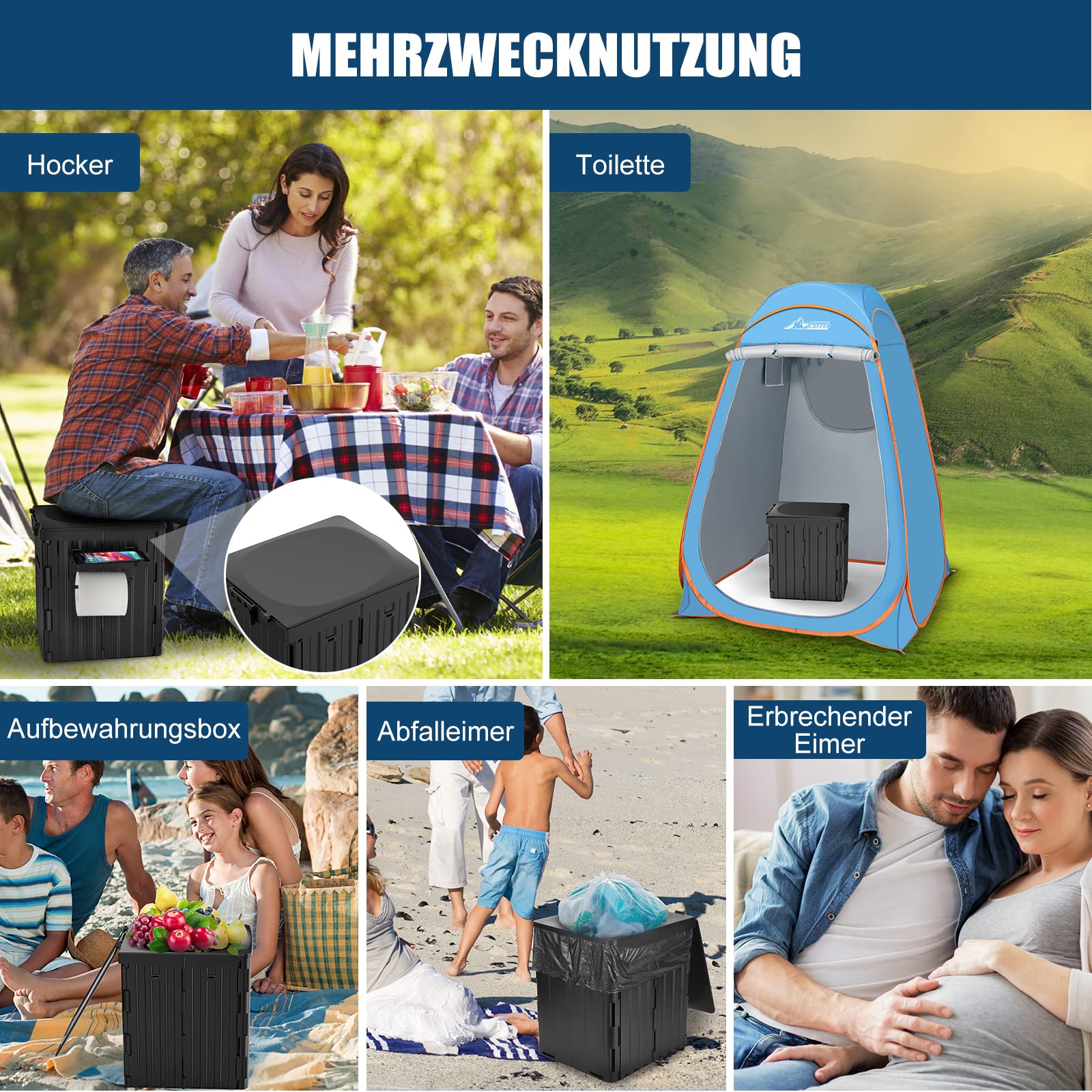 WADEO Tragbare Campingtoilette 38L, Robuste Falttoilette mit Tragkraft bis zu 200kg, Mobiltoilette Faltbares Töpchen mit abnehmbarem Papier- und Telefonhalter und 12 Stück Toilettenbeuteln