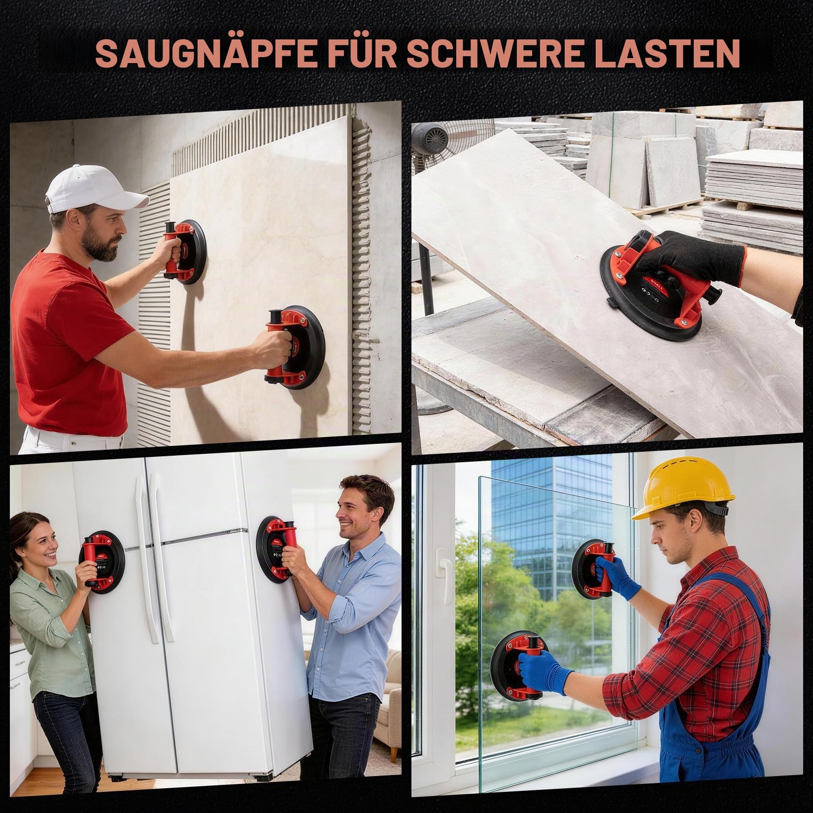 SHALL 2er-Set Vakuum-Saugheber, 200 mm Glassauger Saugnapf, 200 kg Maximaltraglast, 6-Stunden Vakuumhaltezeit, Werkzeugbox + Ersatzteile + Handschuhe für Glas, Marmor, Fliesen