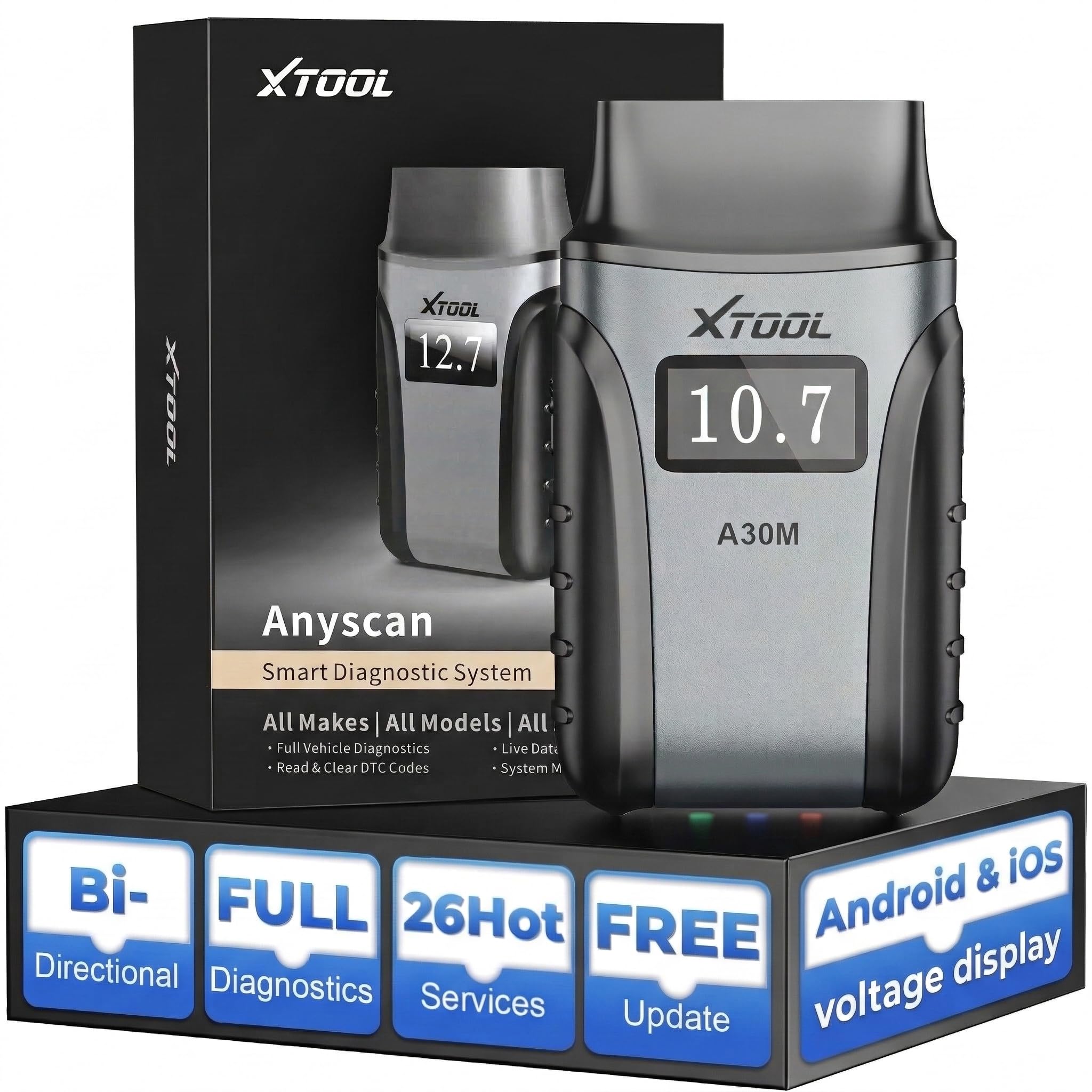 XTOOL Escáner OBD2 A30M Bluetooth, herramienta de diagnóstico bidireccional para coche con reinicio de 26 +, lector OBD de todos los sistemas con asistencia de IA, CAN FD, DPF, pantalla de voltaje