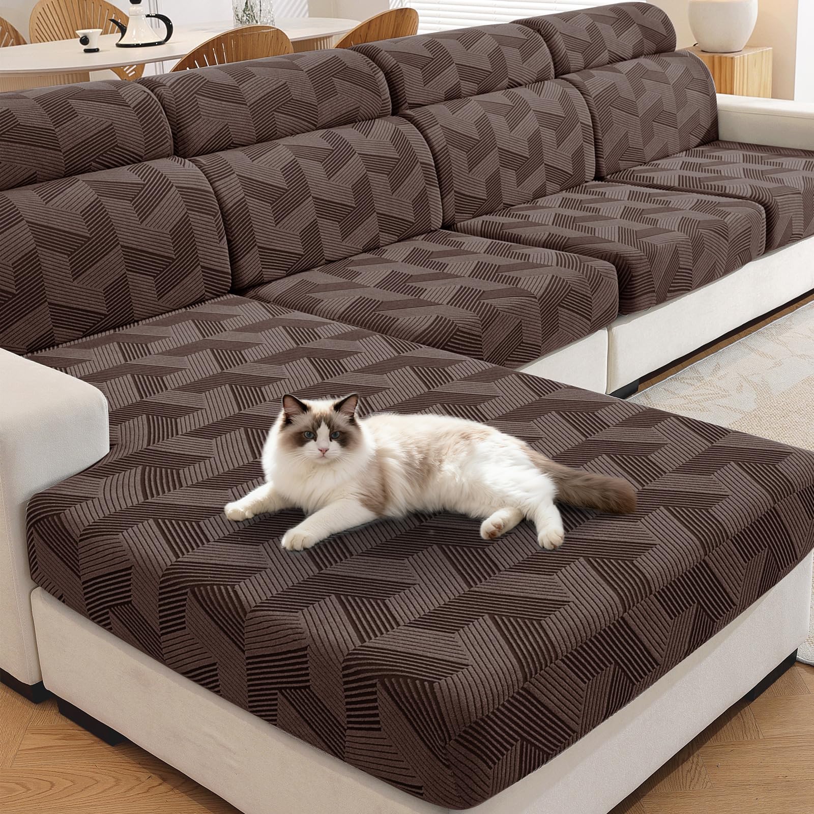 XINEAGE Sofa Seat Cushion Cover, Geometrical Jacquard Couch Cushion Slipcovers Stretch, Replacement for Individual Cushion with Elastic Bottom & Non-Slip Strap (1 Seater, Brown)