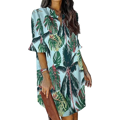 QACOHU Womens V Neck Ruffle Short Sleeve Simple Solid Color Casual Summer Dress