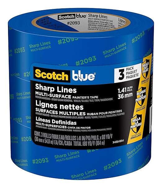 ScotchBlue Sharp Lines Multi-Surface Painter's Tape, 1.41 Inches x 60 Yards, 3 Rolls, Blue, Paint Tape Protects Surfaces and Removes Easily, Edge-Lock Painting Tape for Indoor and Outdoor Use