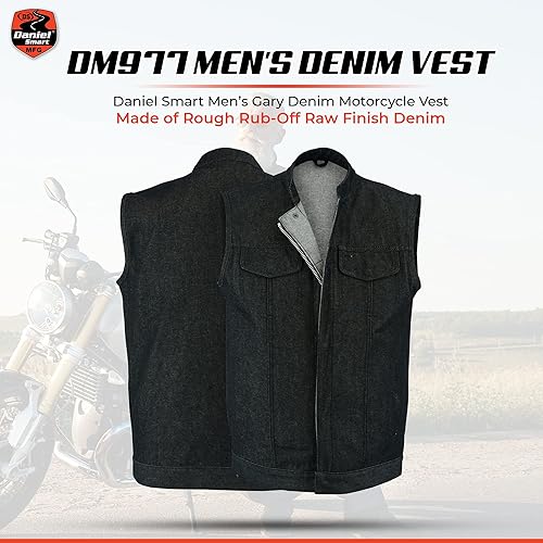 Miniatura 2 de Daniel Smart Biker Vest for Men Rough Blue & Black Denim Vest with Unique Scoop Collar Design & Concealment Armory Pocket