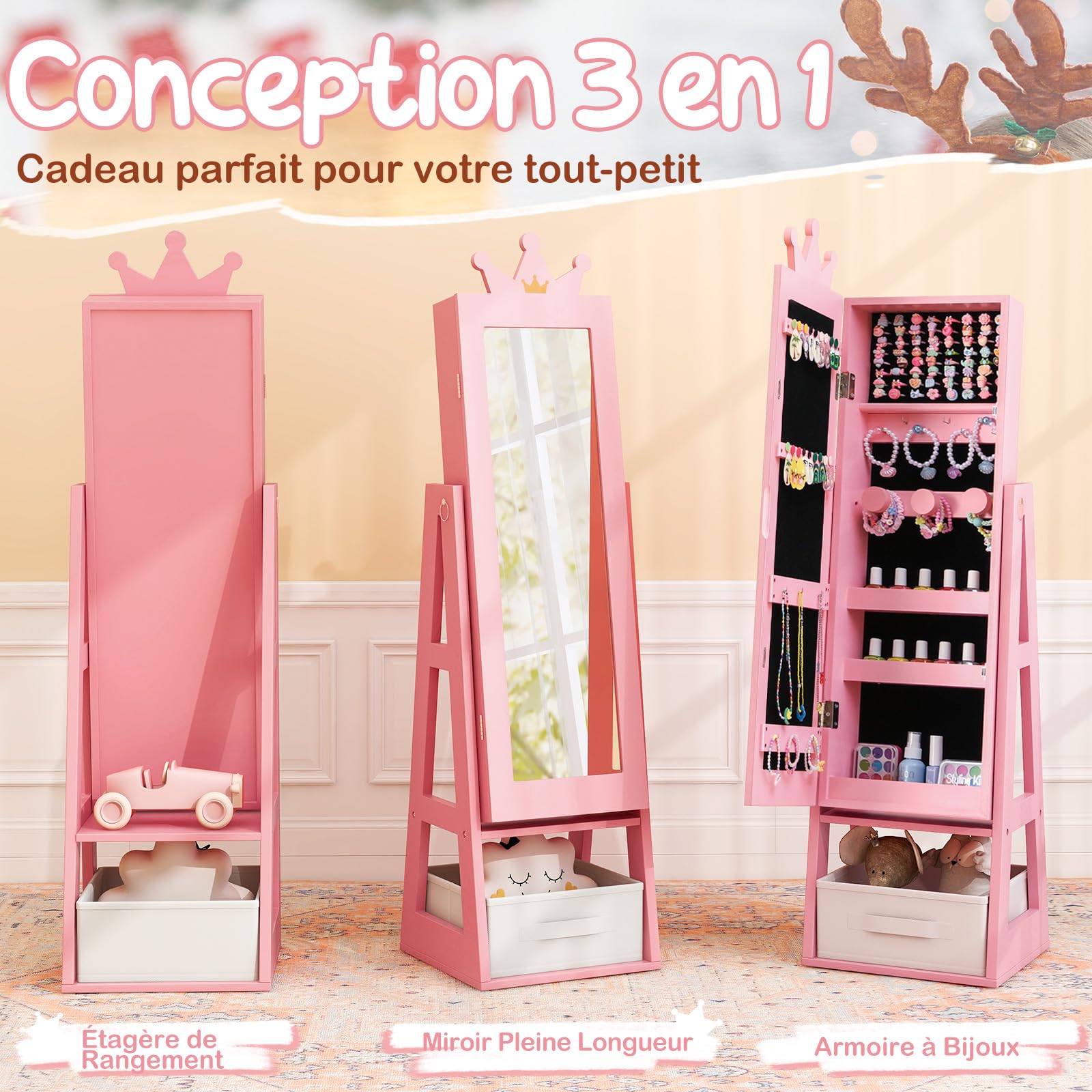 DREAMADE 3 en 1 Armoire à Bijoux Enfants en Bois,Organisateur de Bijoux Enfant avec Miroir Pleine Longueur,Tiroir Pliable,Anti-Bascule,Crochets,Meuble sur Pied Motif Couronne pour Filles (Rose)