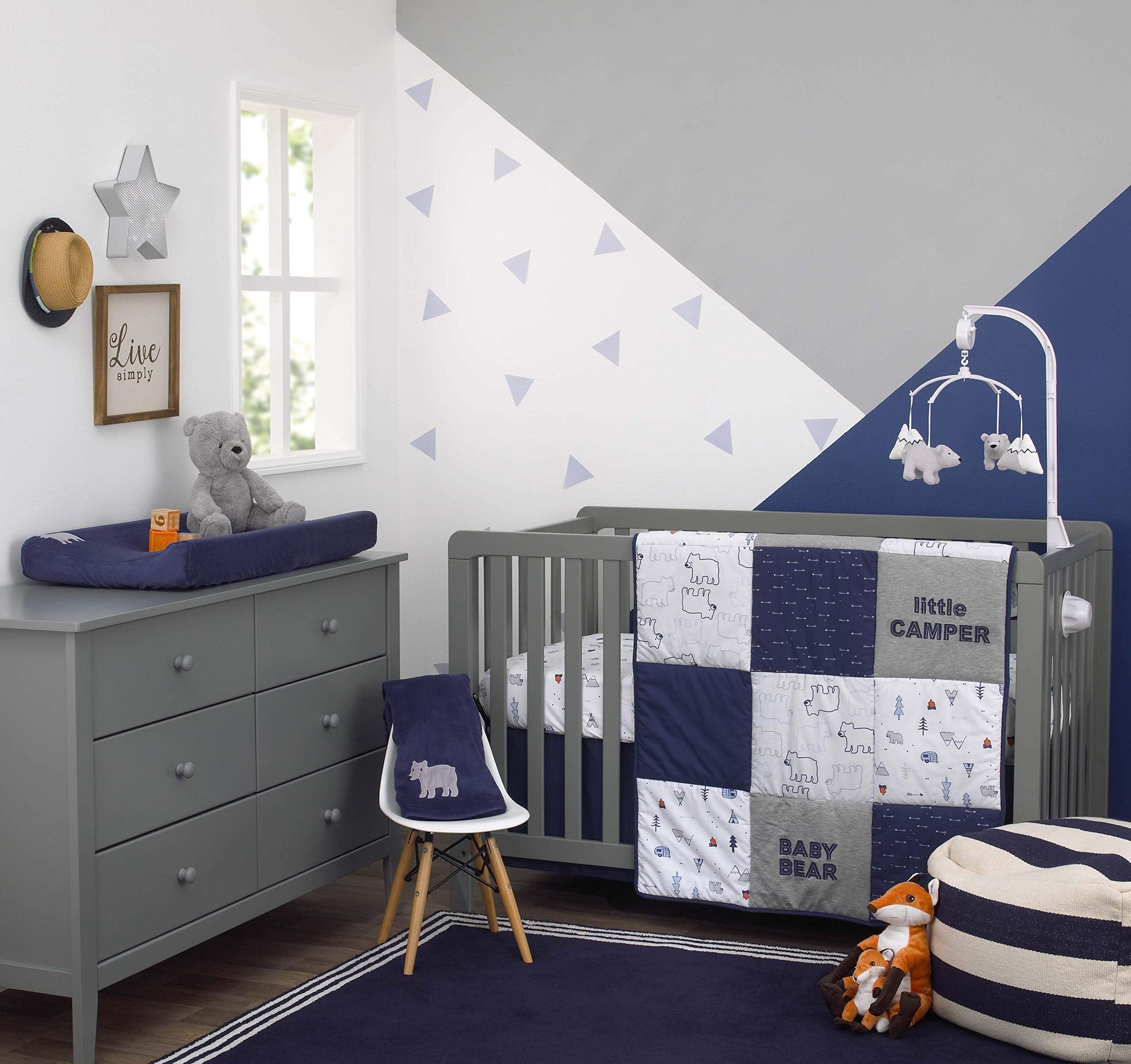 Explore Baby Bear 4 Piece Navy, Grey, Light Blue, Orange Nursery Crib Bedding Set - Comforter, 100% Cotton Crib Sheet, Dust Ruffle, Changing Pad Cover