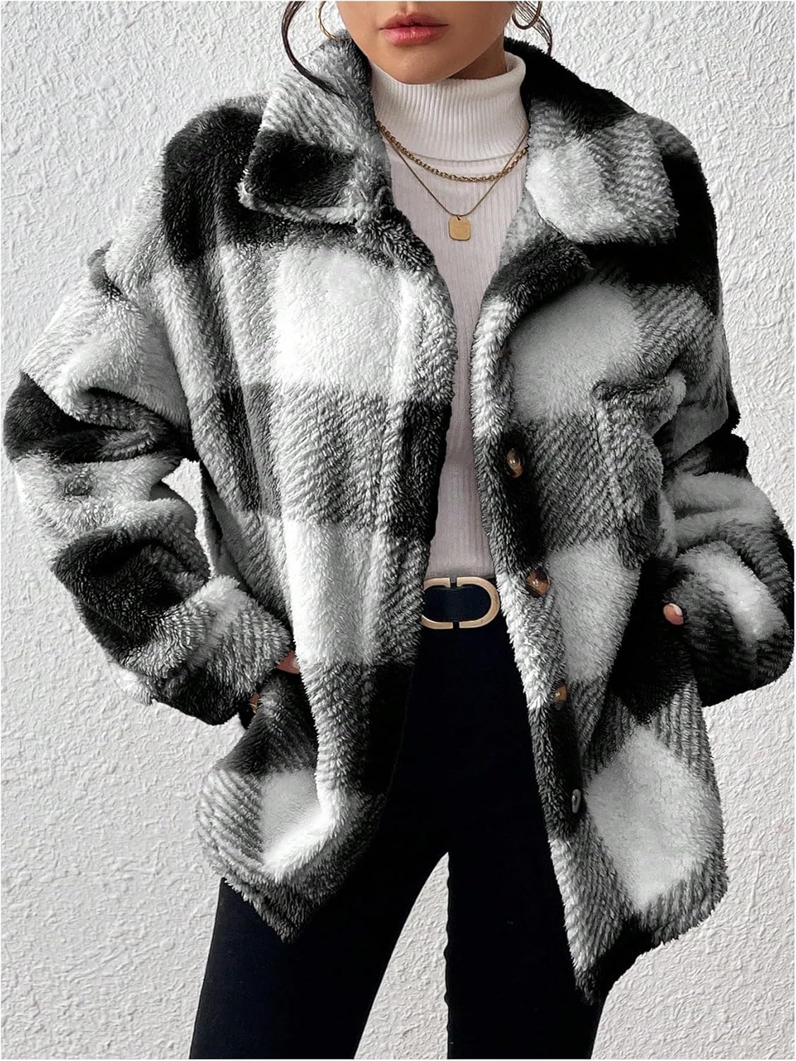 Floerns Women's Plus Size Plaid Fuzzy Jacket Long Sleeve Button Front Fall Winter Sherpa Coat - Image 4