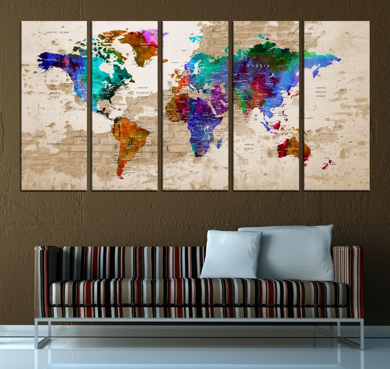 Push Pin World Map Canvas Print, watercolor wall art5 panel Extra Large Wall Art T584