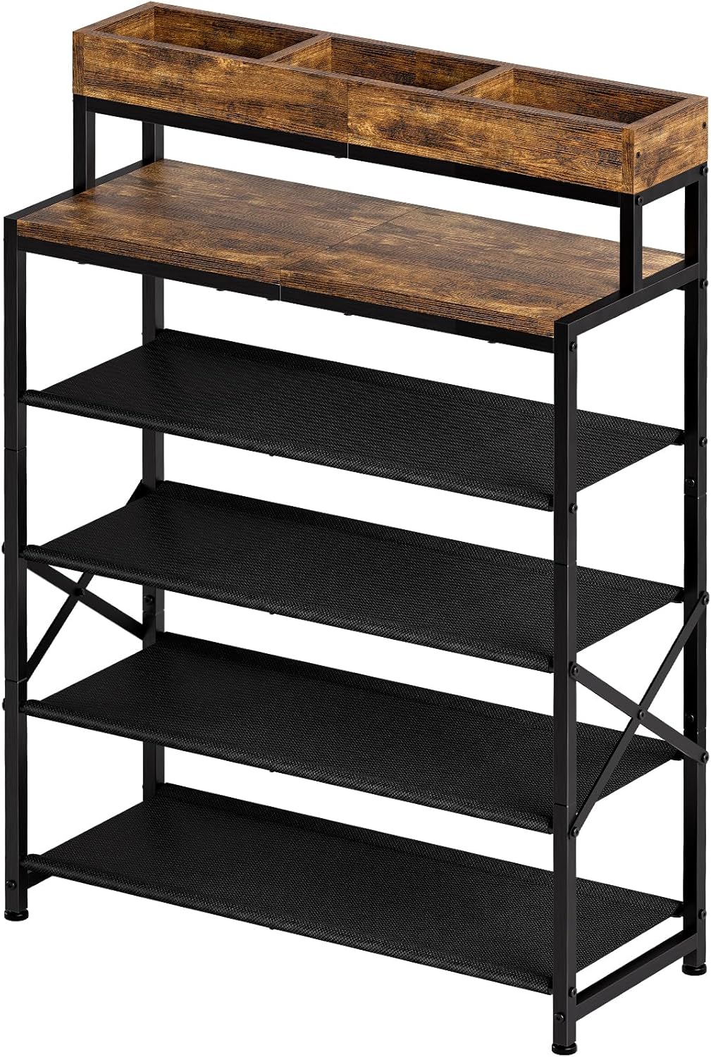 Shoe Rack, 6 Tier Shoe Storage Organizer with Compartment, 4 Oxford Fabric Shelves and Top Panel, Steel Frame, Holds 16-20 Pairs of Shoes, for Entryway and Closet, Industrial, Rustic Brown