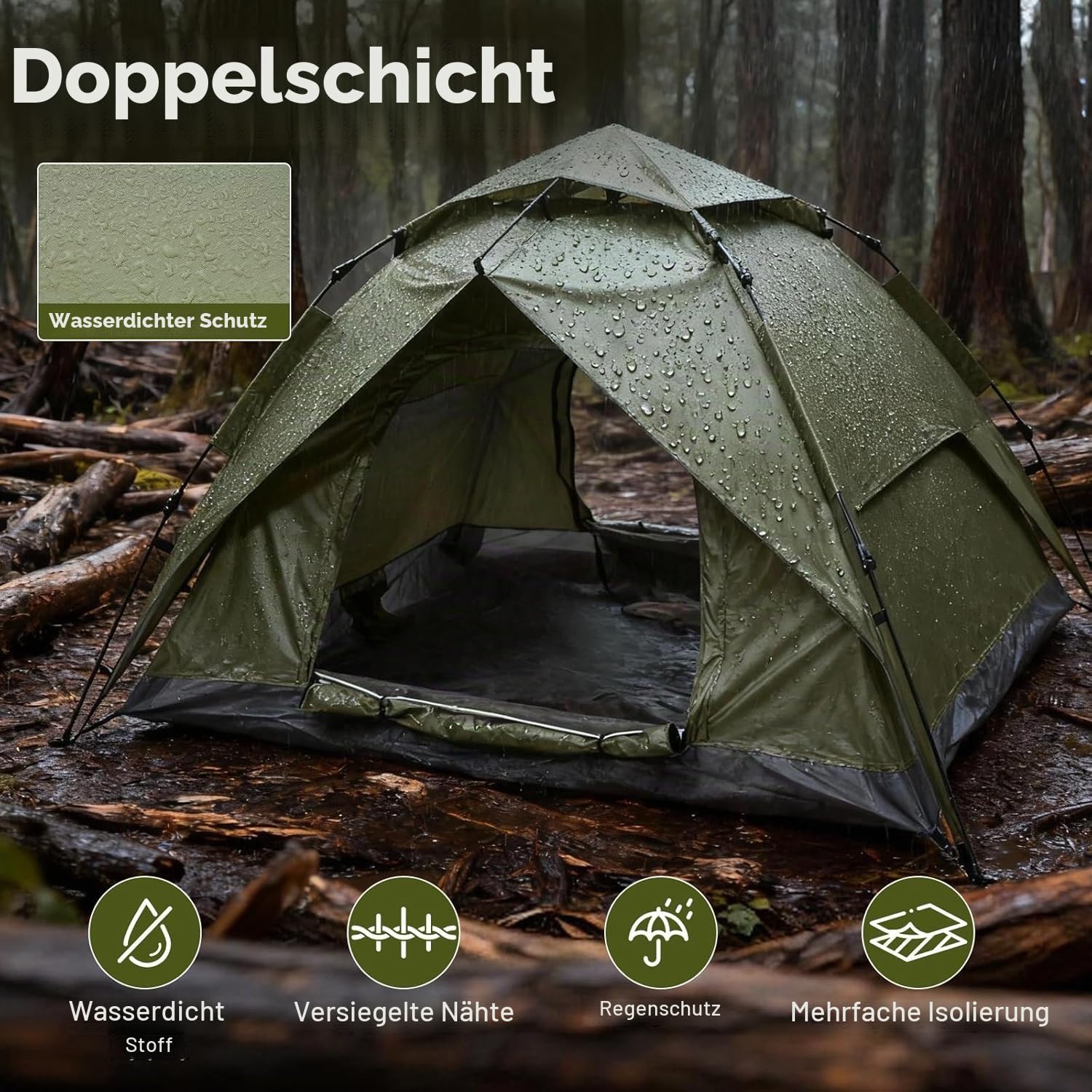 Pop-up Kuppelzelt für 2–3 Personen, wasserdichtes Kuppelzelt mit Doppelwand & Abnehmbarer Außenplane, schnell aufbaubares Zelt für Camping, Wandern & Outdoor, Kuppelzelt