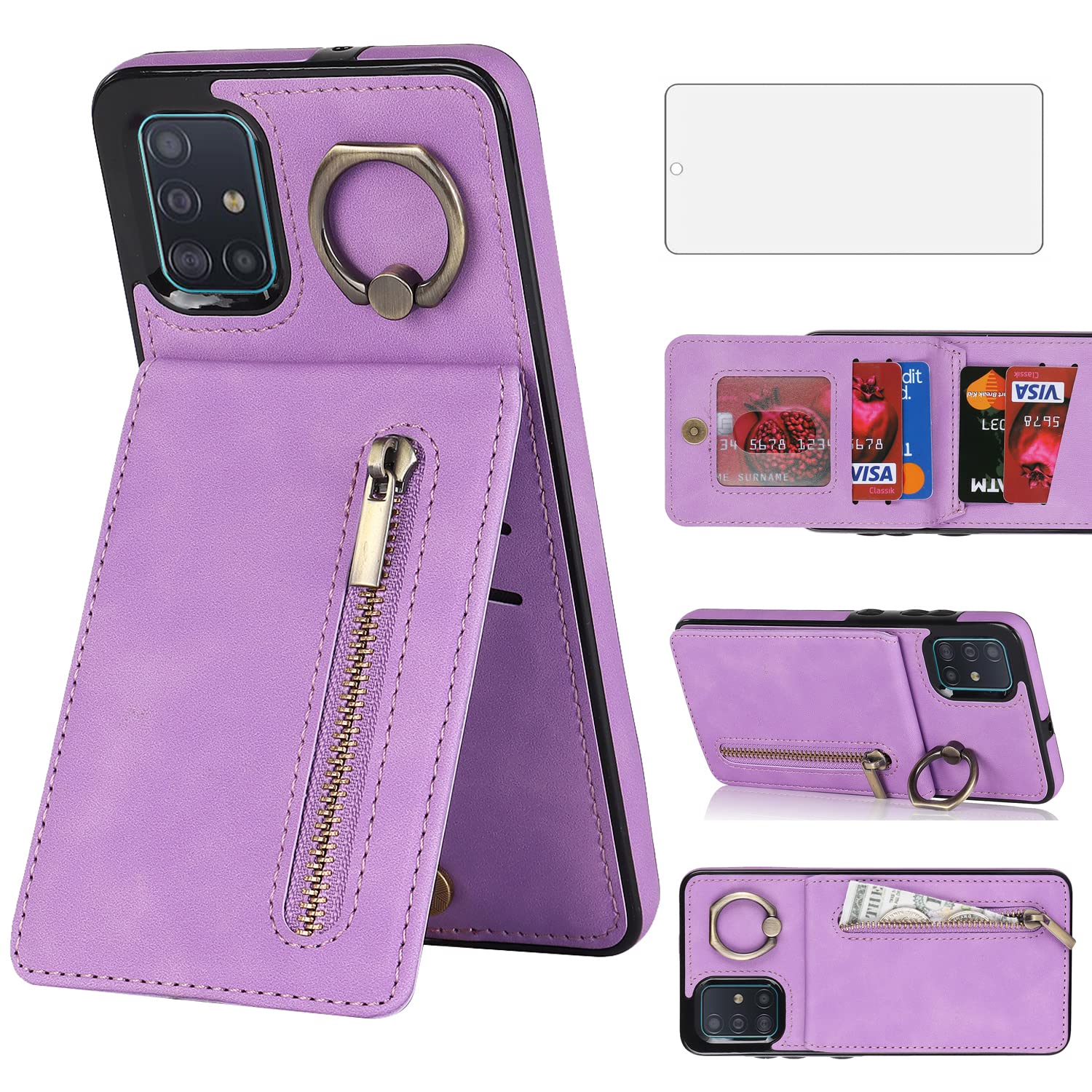 Asuwish Phone Case for Samsung Galaxy A51 4G Wallet Cover with Tempered Glass Screen Protector and Zipper RFID Card Holder Ring Stand Leather Cell