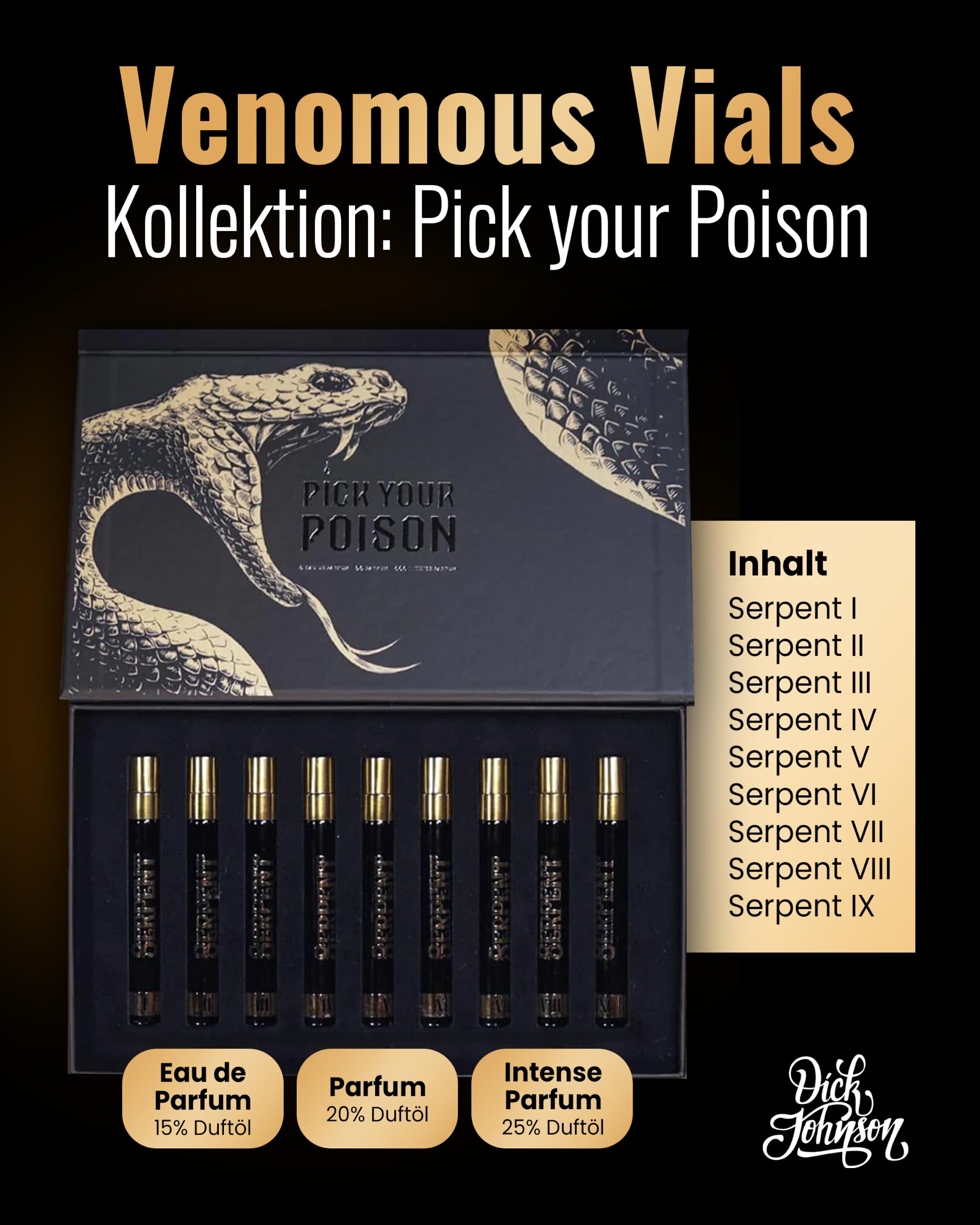 Dick Johnson Parfumkollektion Venomous Vials - Set aus 9 Exklusives Düften von Eau de Parfum bis Intense Parfum Geschenkbox mit kunstvoll designten Tarot Karten - 90 ml