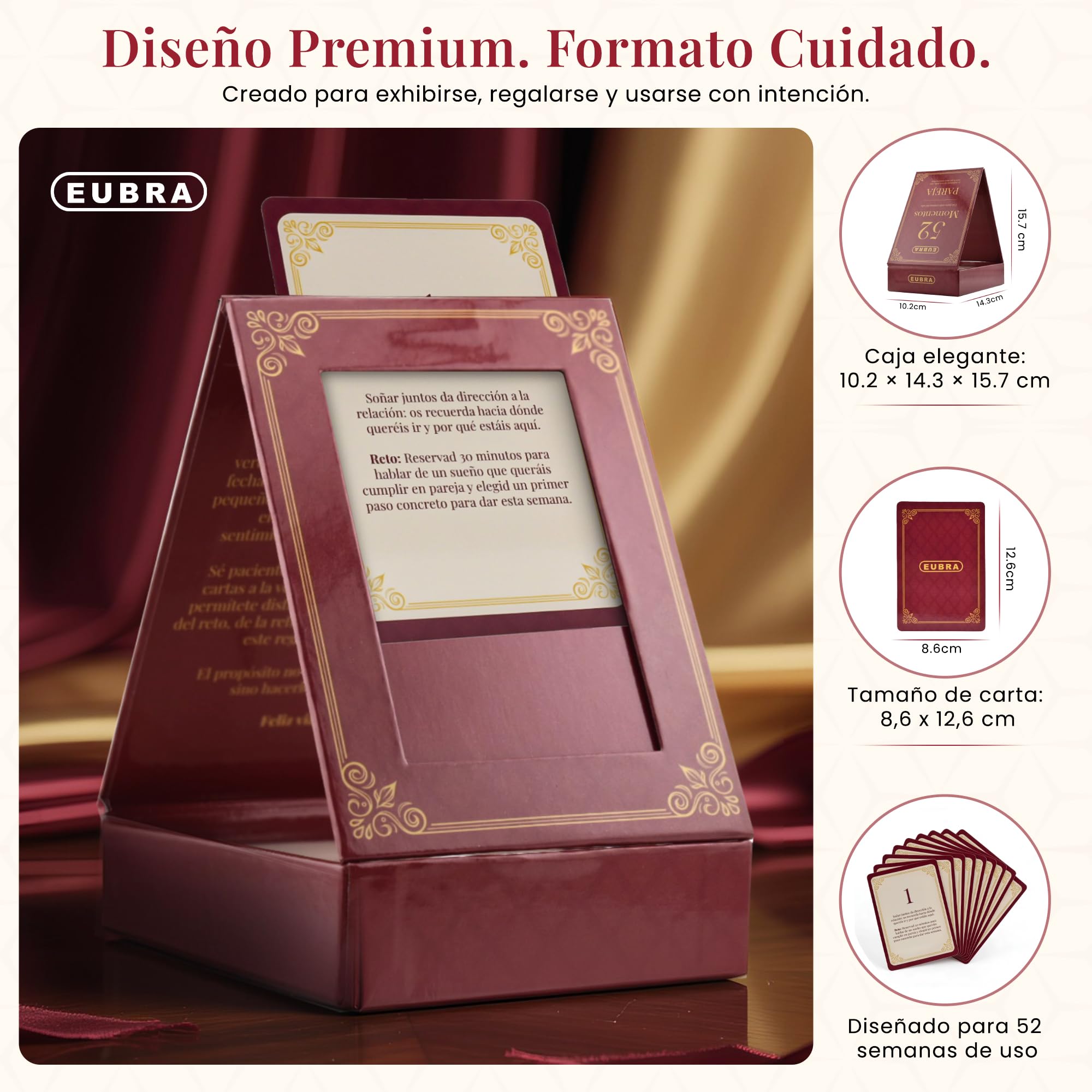 EUBRA 52 Momentos Pareja • Ritual Semanal 52 Tarjetas con Reflexiones y Retos • Caja Atril Decorativa • Regalo Original Aniversario Boda Matrimonio San Valentín Novios Hombre Mujer Amor Conexión — view 7