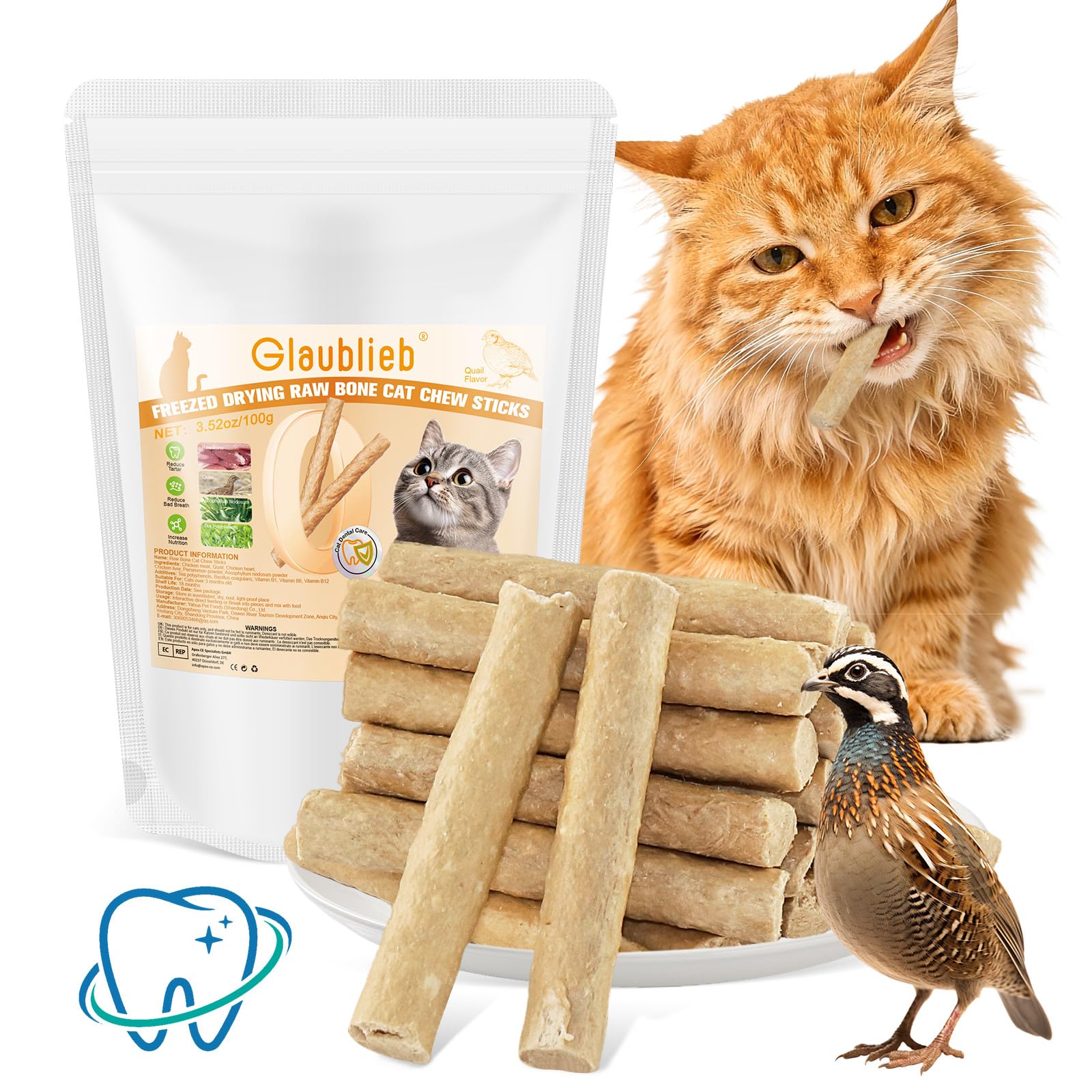 100g Freezed Dried Cat Chew Sticks Quail Flavor, Cat Dental Treats for Freshens Breath and Controls Tartar, Feline Teething Sticks — image 1