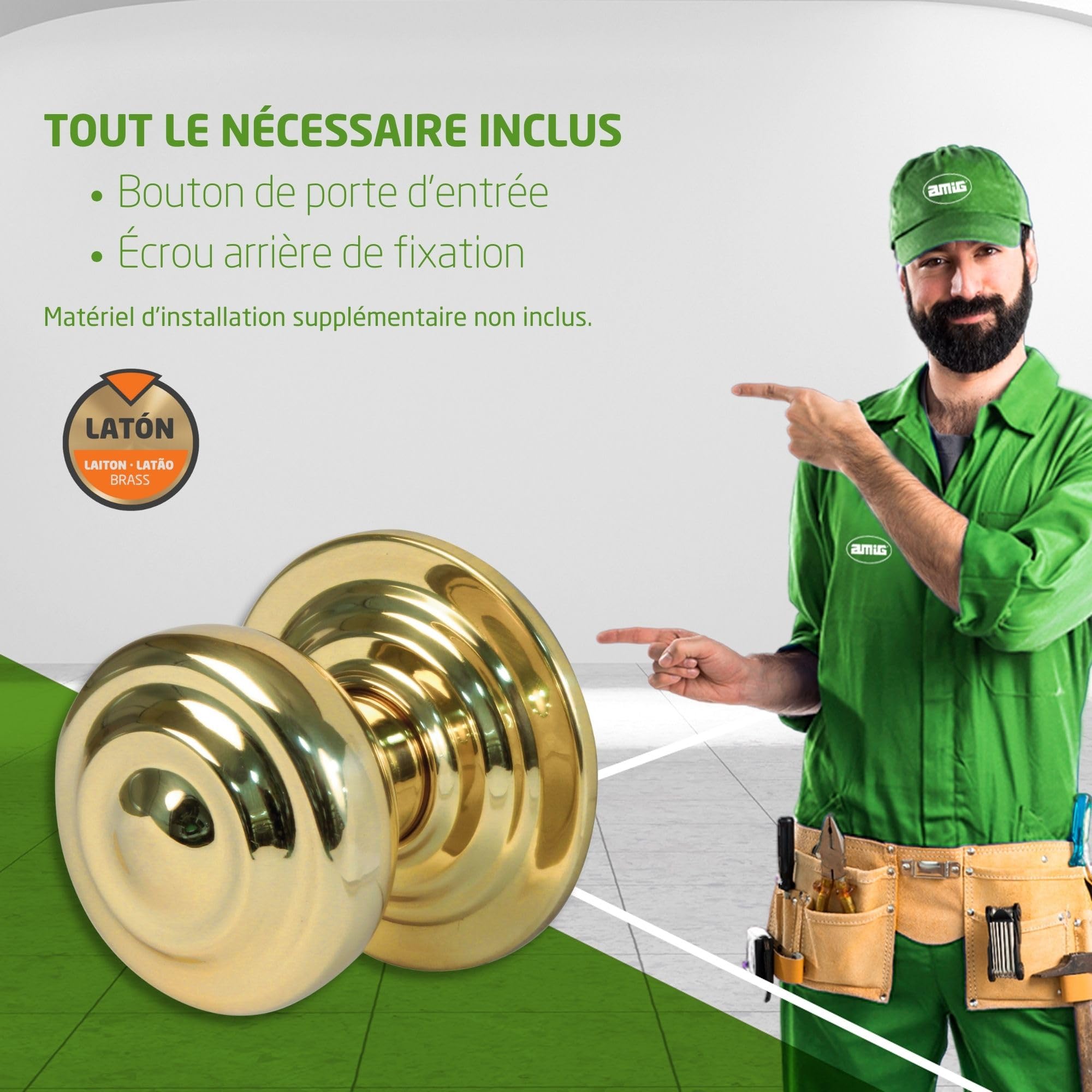 Amig - Bouton Rond pour Portes Extérieures d'Entrée - Poignée pour Porte Principale de la Maison - Diamètre de la Poignée Ø70 mm - Laiton - Doré - Comprend Vis et Écrou de Fixation