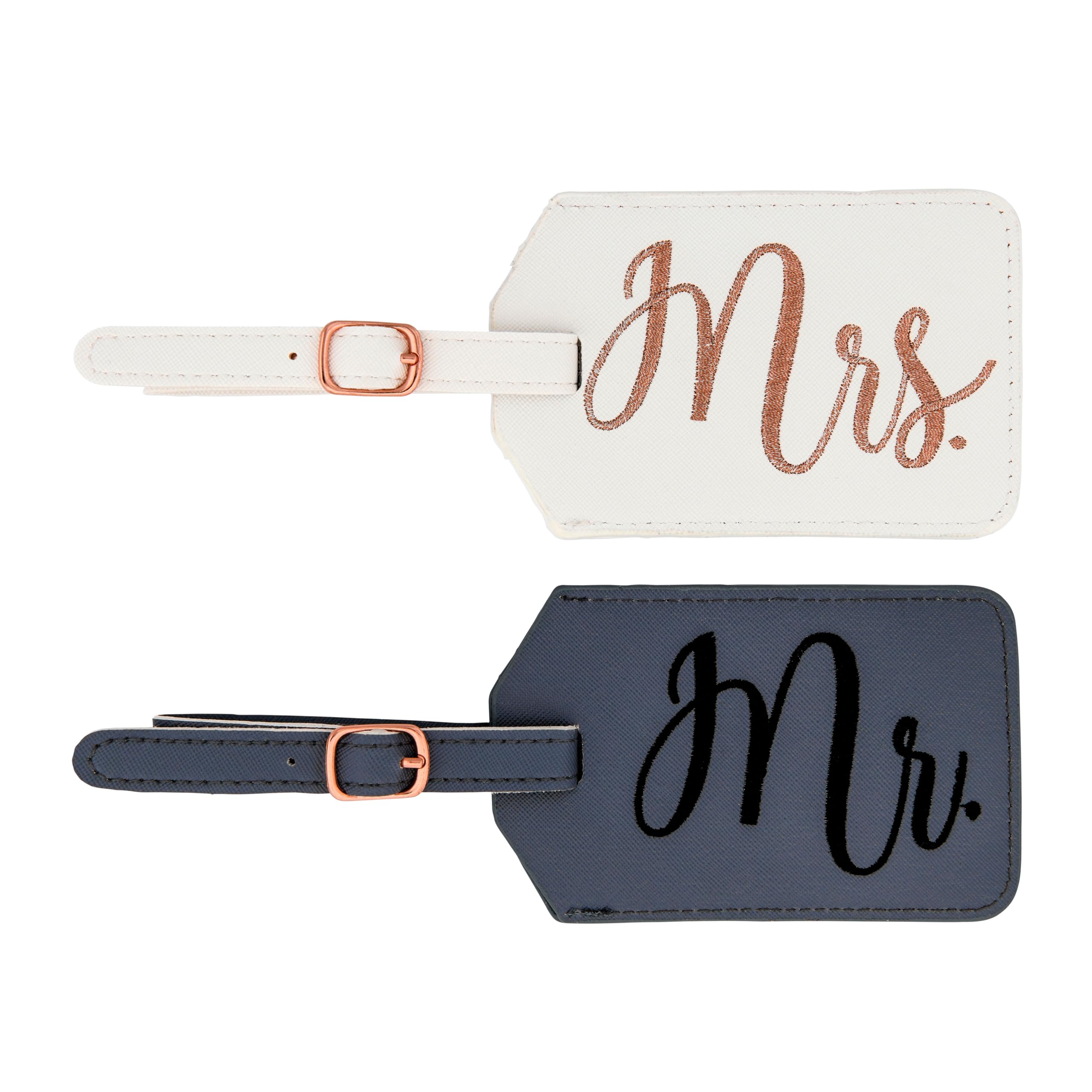Miamica Mrs. & Mr. Luggage Tags – Set of 2 Faux Leather Suitcase Tags with Sturdy Buckle Straps – 6.85