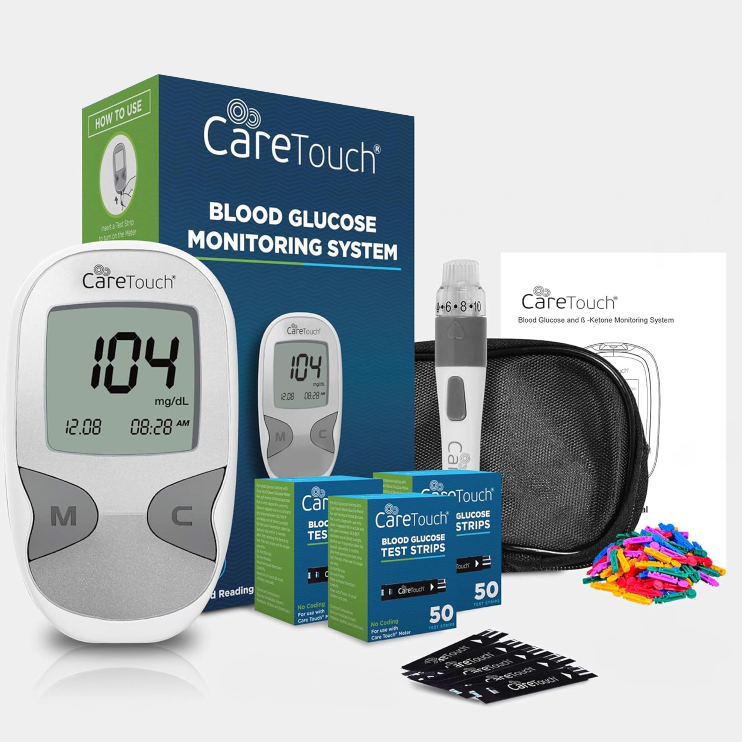 Care Touch Blood Glucose Monitor Kit - Diabetes Testing Kit: 1 Glucometer, 150 Blood Sugar CareTouch Test Strips, 1 Lancing Device, 100 Lancets, Travel Case for Blood Sugar Monitor Kit with Strips