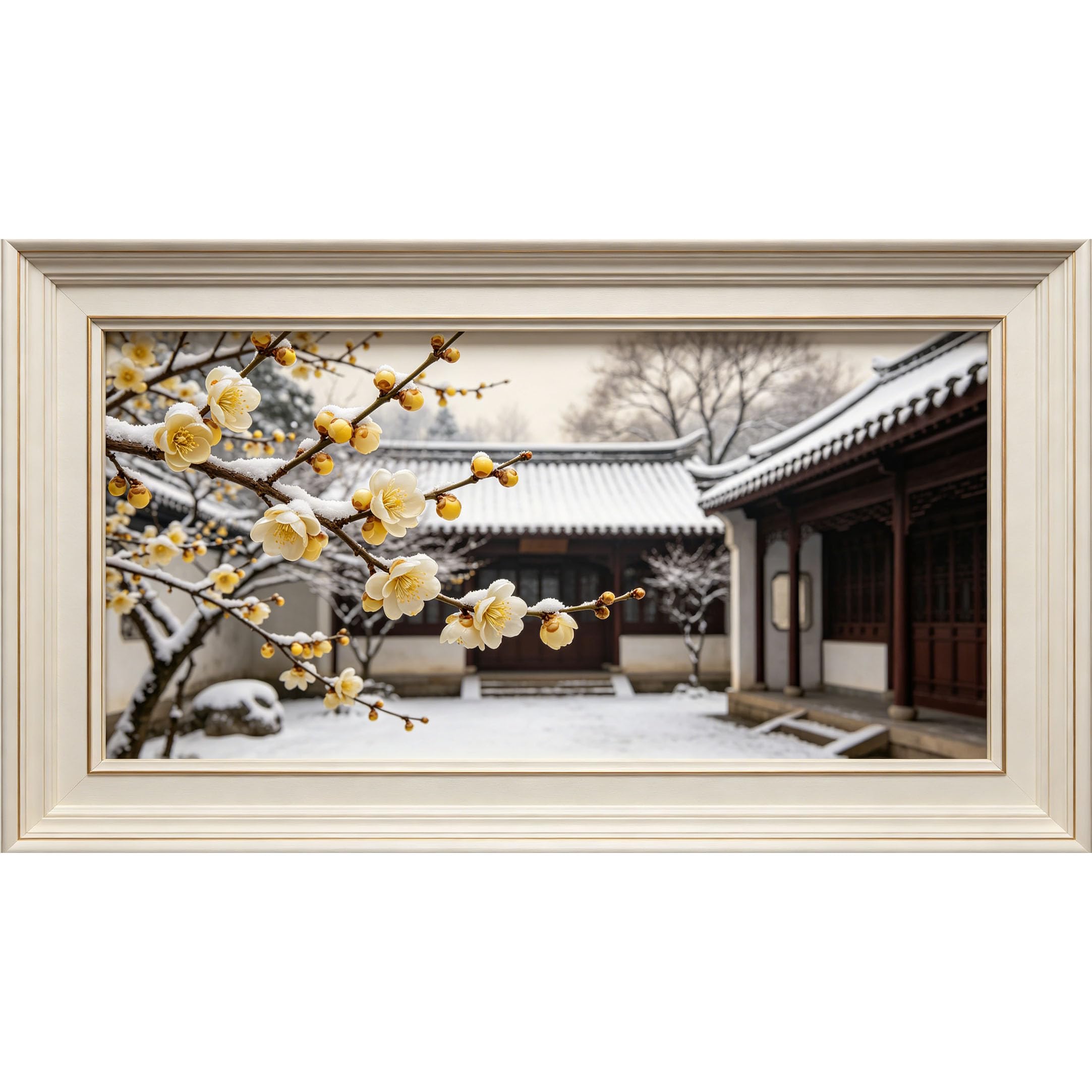 QZLITHOTIC 50×90cm3D Framed Wall Art， Asian Zen Snowy Plum Blossom Traditional Architecture Self?Adhesive Mural， Water?Activated Peel & Stick Fabric Decor Wall Decal for Bedroom Living Room