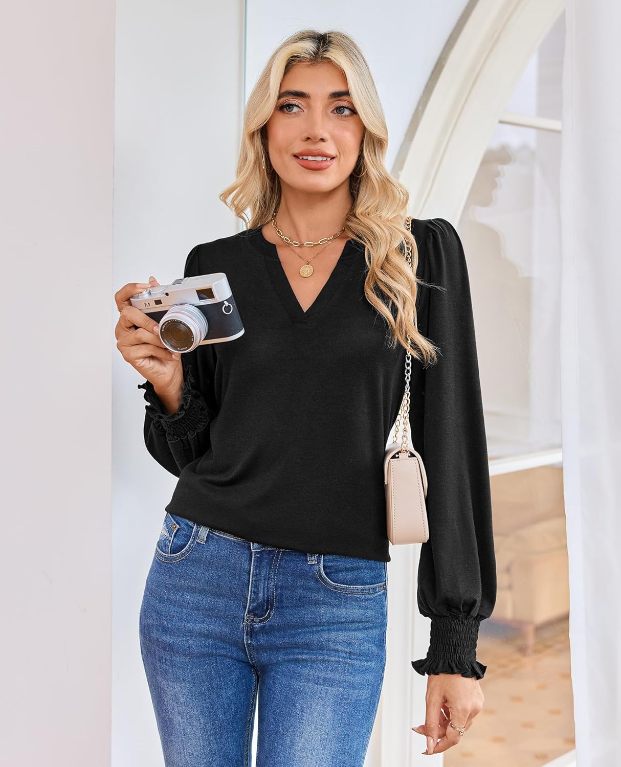 Womens Tunic Tops Long Sleeve Blouses for Women Dressy Casual V Neck Tops Shirts Trendy with Smocked Cuffs - Image 5